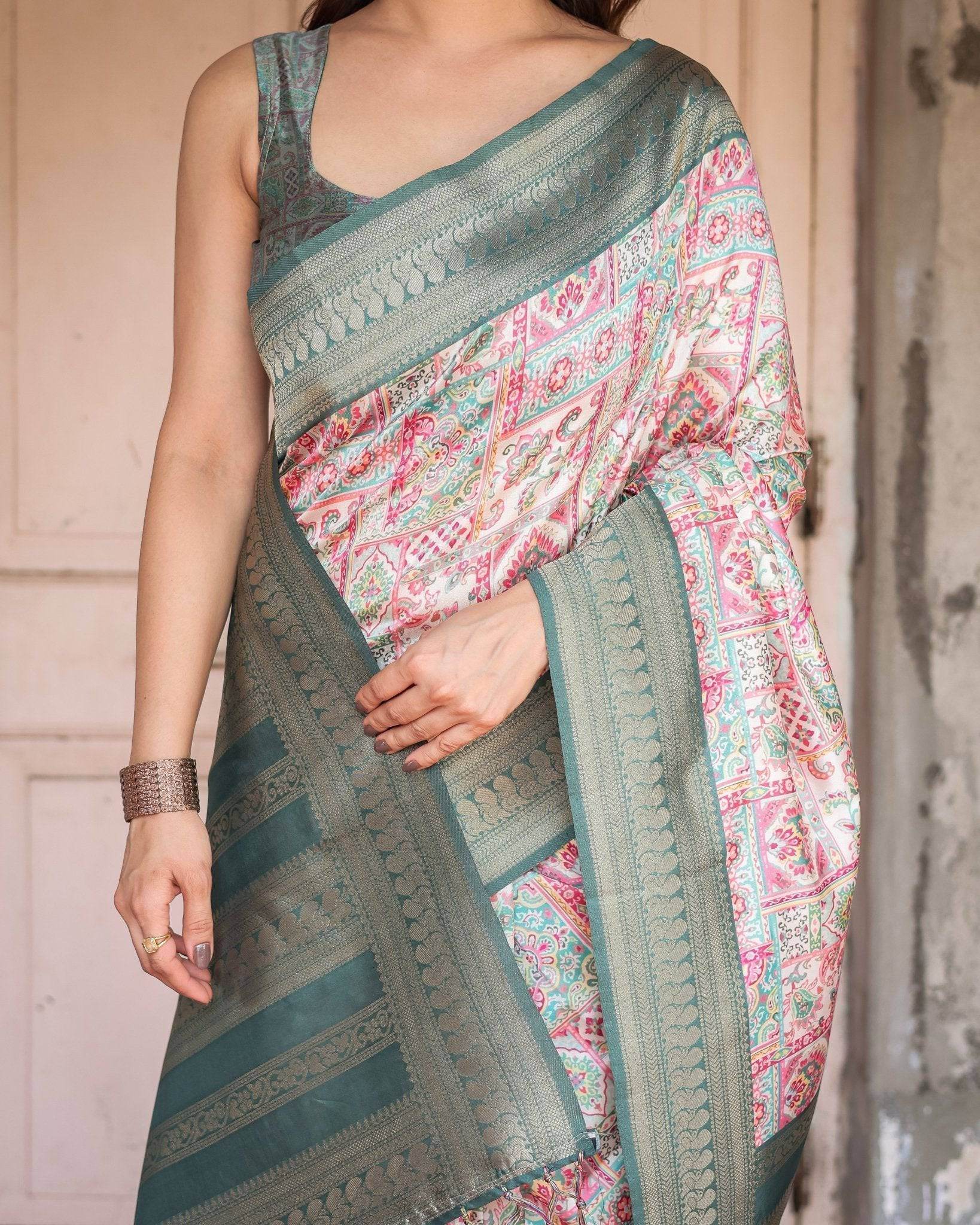 White Banarasi Silk Saree with Pastel Multicolor Prints and Green Zari Border - SEEANS