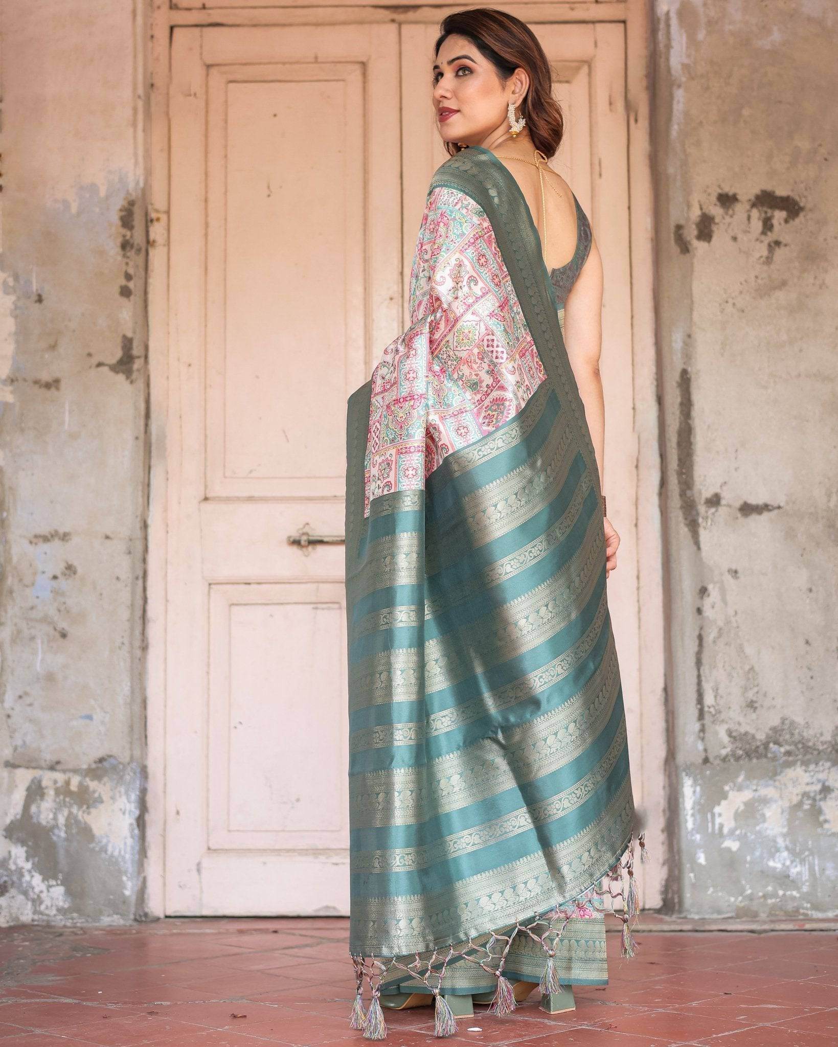 White Banarasi Silk Saree with Pastel Multicolor Prints and Green Zari Border - SEEANS