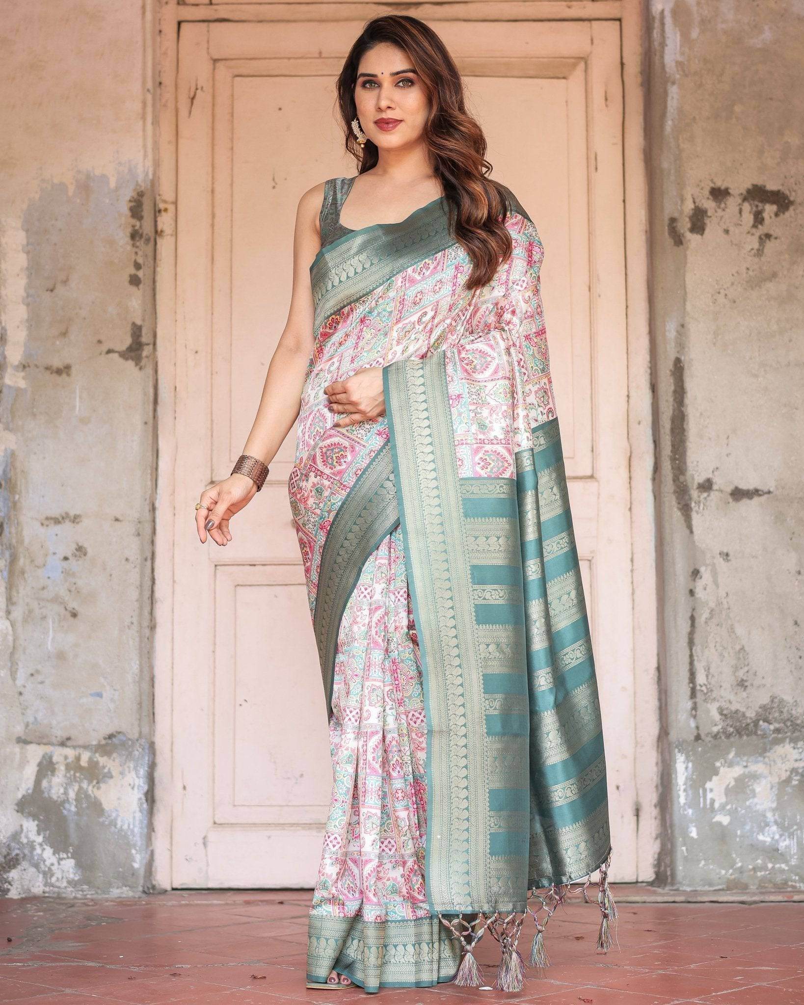 White Banarasi Silk Saree with Pastel Multicolor Prints and Green Zari Border - SEEANS