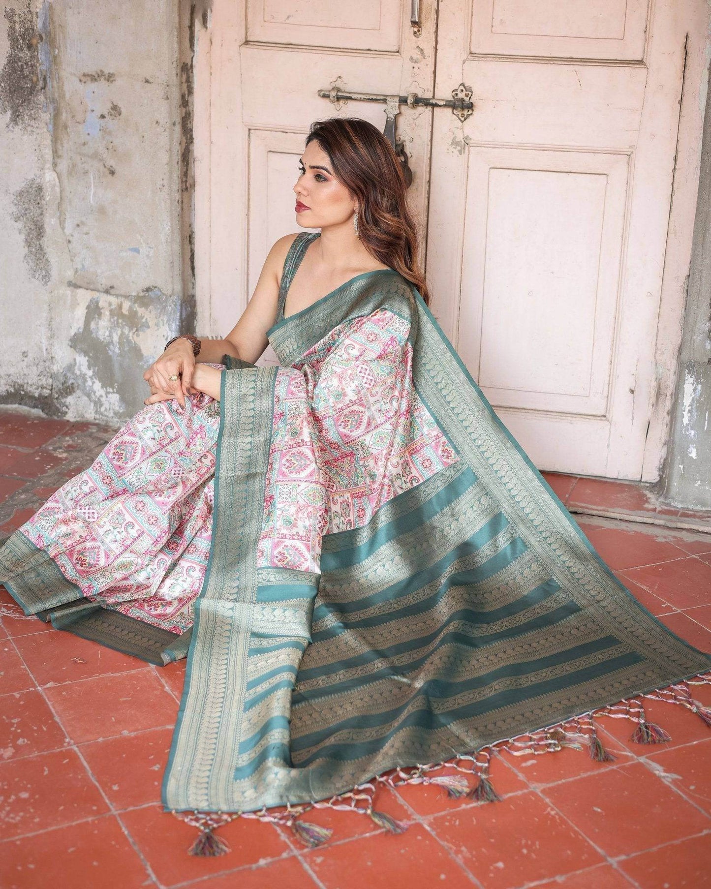 White Banarasi Silk Saree with Pastel Multicolor Prints and Green Zari Border - SEEANS