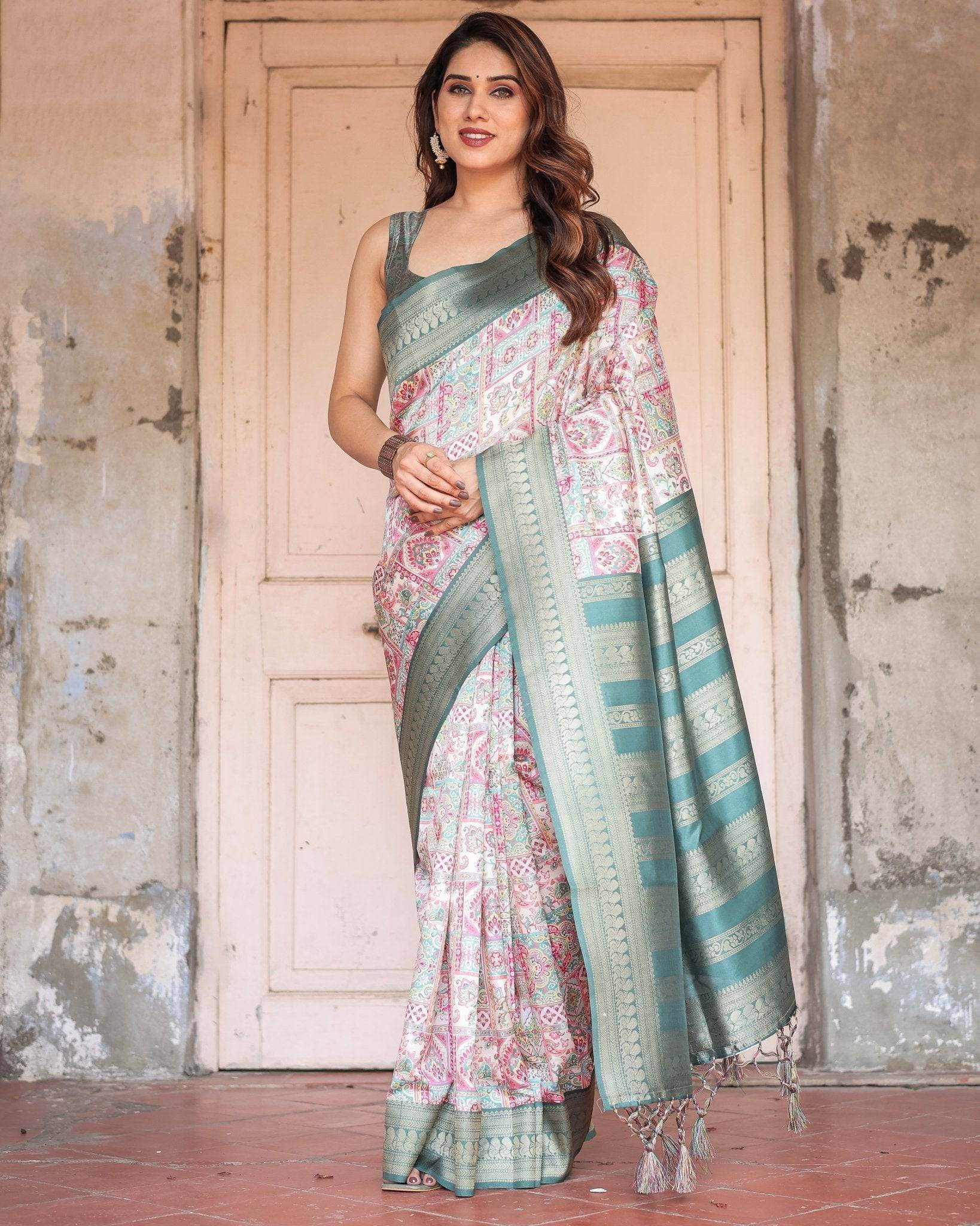 White Banarasi Silk Saree with Pastel Multicolor Prints and Green Zari Border - SEEANS