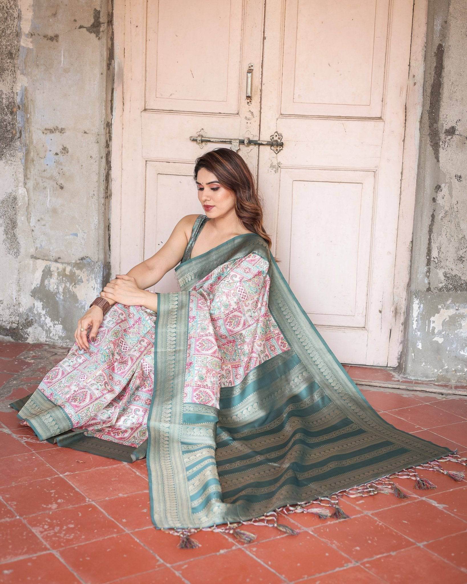 White Banarasi Silk Saree with Pastel Multicolor Prints and Green Zari Border - SEEANS