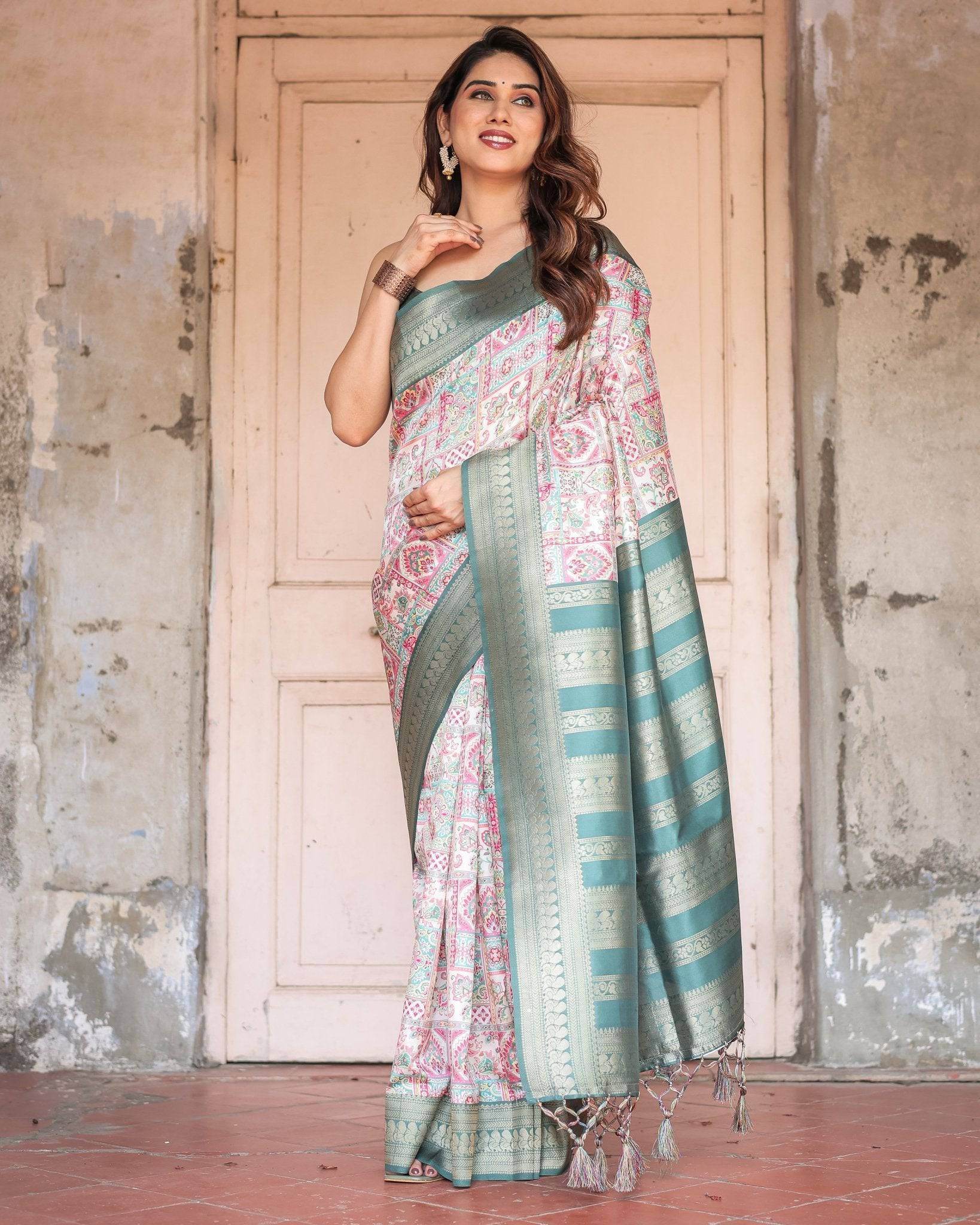 White Banarasi Silk Saree with Pastel Multicolor Prints and Green Zari Border - SEEANS