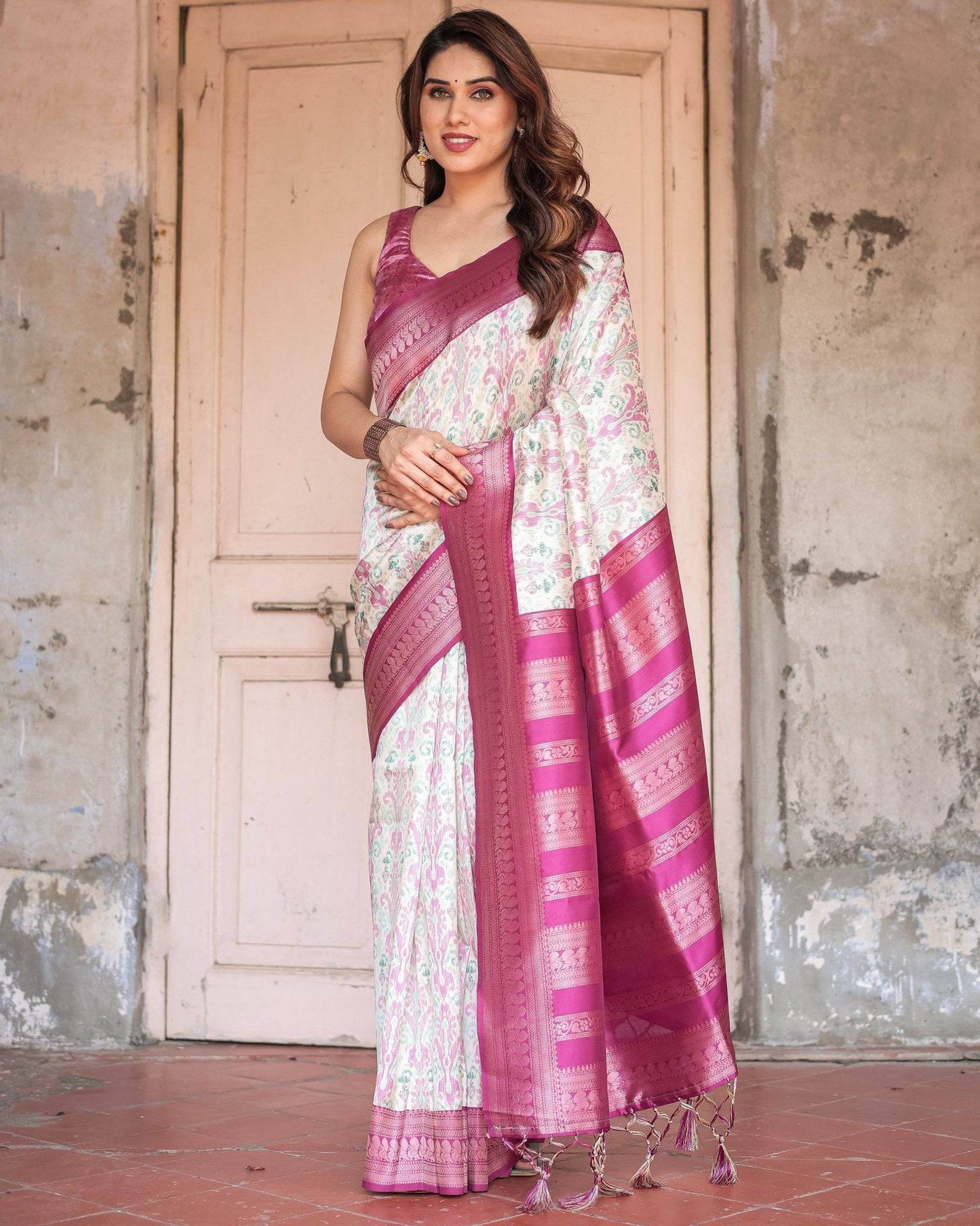 Off-White Banarasi Silk Saree with Pink Ikat Design and Zari Border - SEEANS