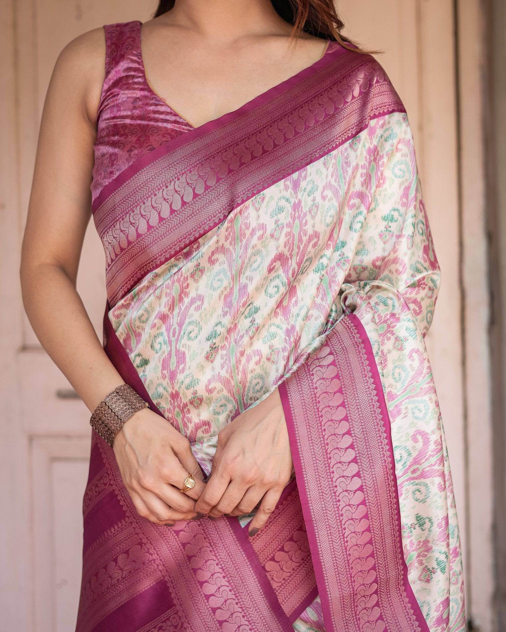 Off-White Banarasi Silk Saree with Pink Ikat Design and Zari Border - SEEANS