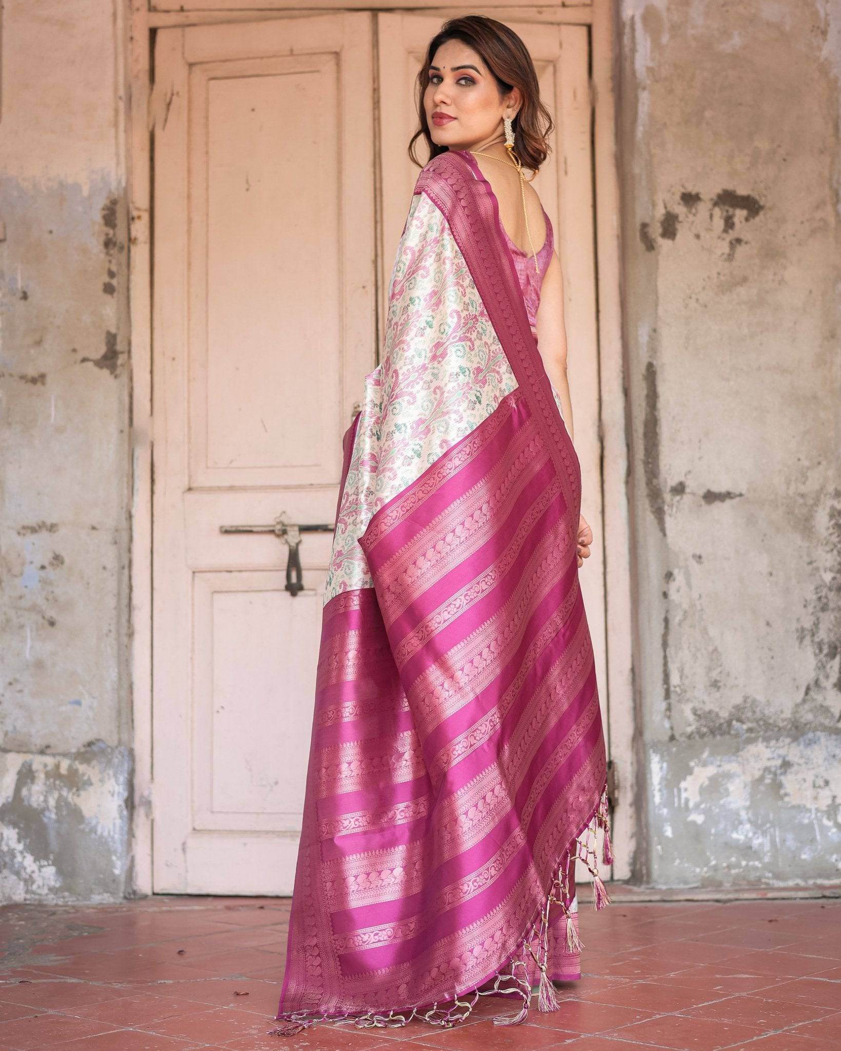 Off-White Banarasi Silk Saree with Pink Ikat Design and Zari Border - SEEANS