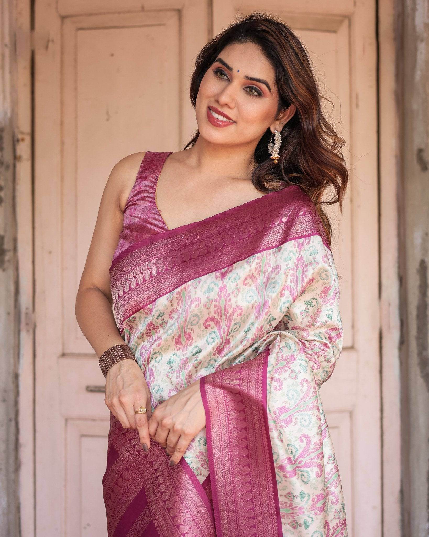 Off-White Banarasi Silk Saree with Pink Ikat Design and Zari Border - SEEANS