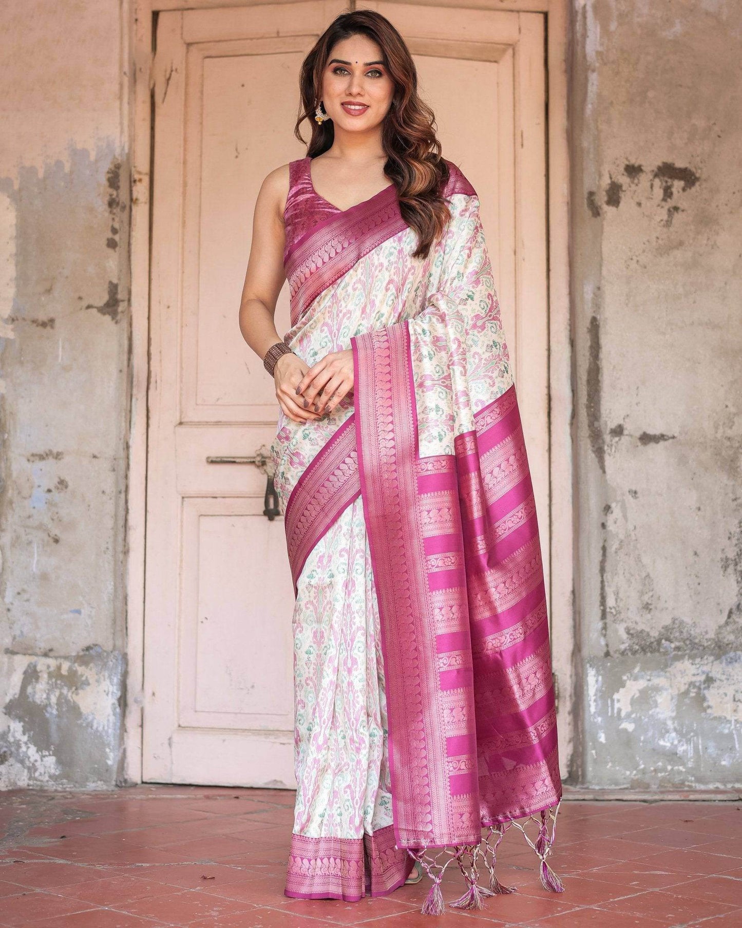 Off-White Banarasi Silk Saree with Pink Ikat Design and Zari Border - SEEANS