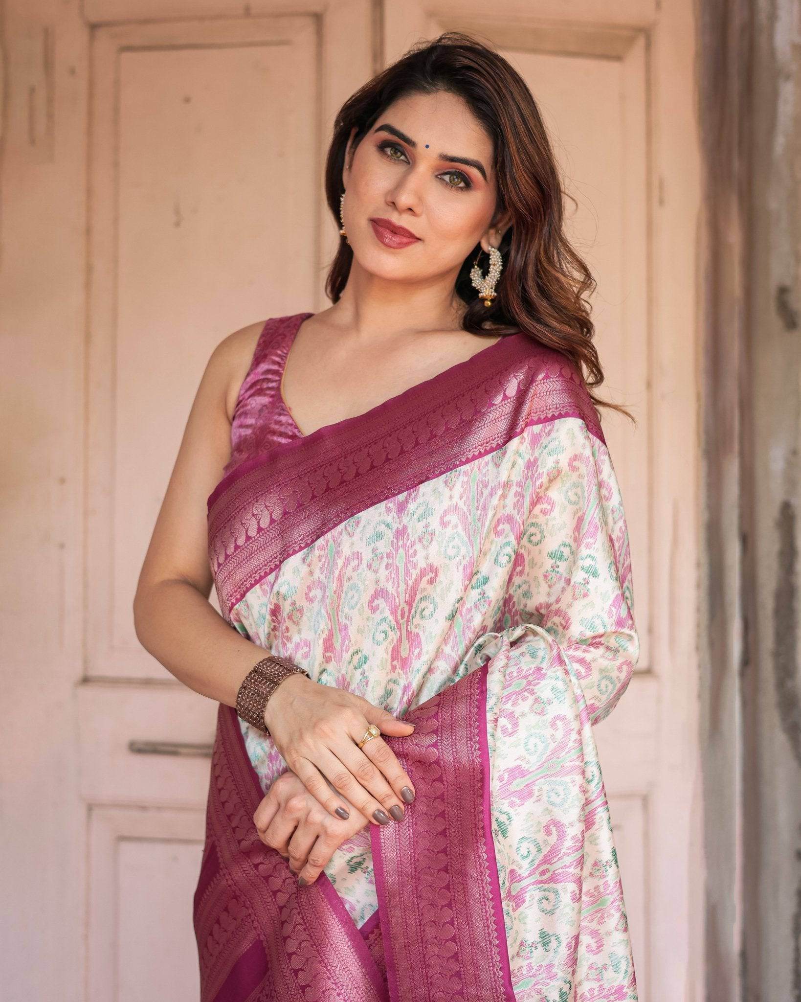 Off-White Banarasi Silk Saree with Pink Ikat Design and Zari Border - SEEANS