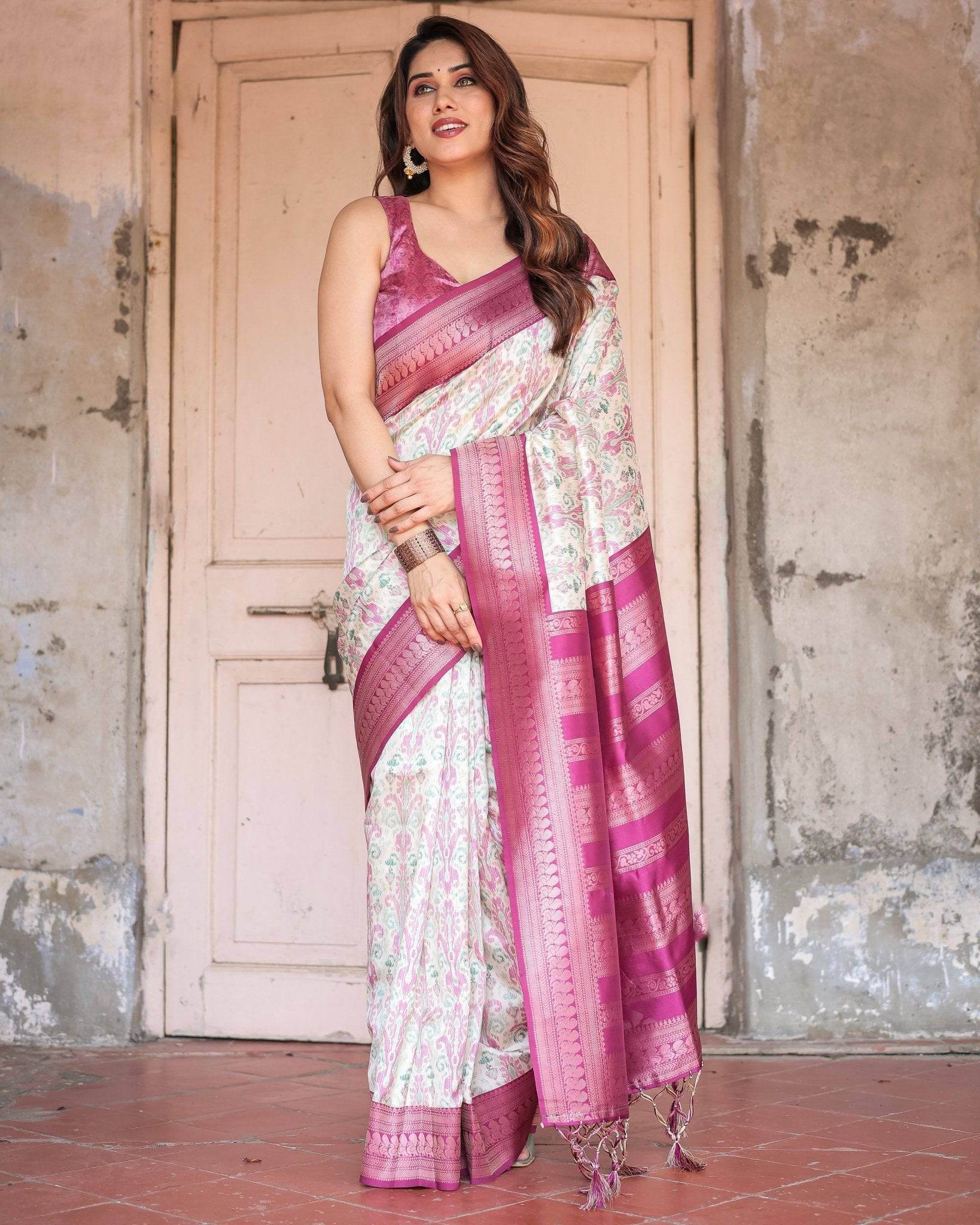 Off-White Banarasi Silk Saree with Pink Ikat Design and Zari Border - SEEANS