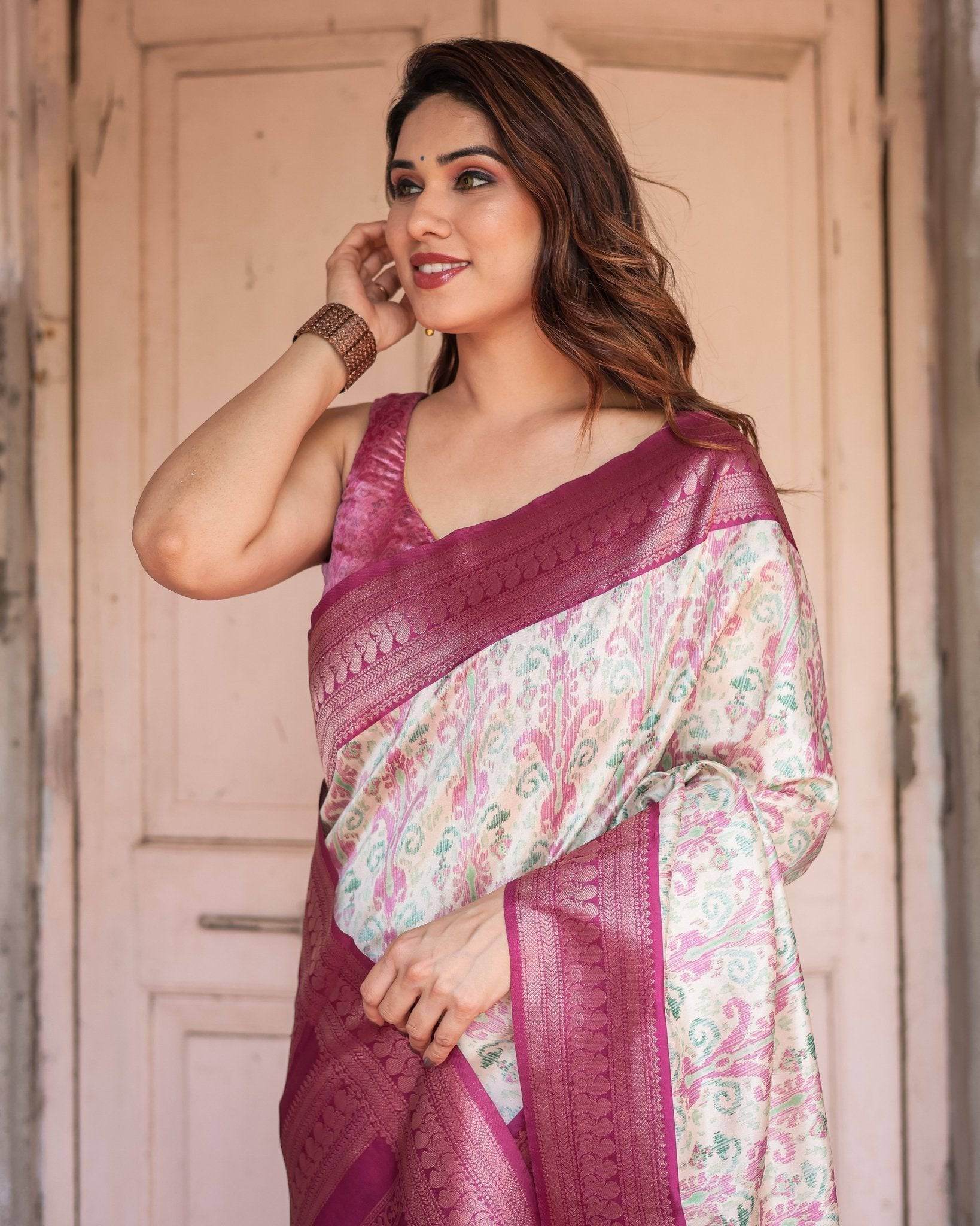 Off-White Banarasi Silk Saree with Pink Ikat Design and Zari Border - SEEANS