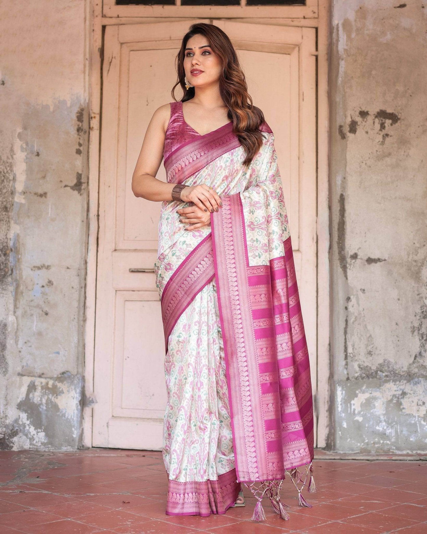 Off-White Banarasi Silk Saree with Pink Ikat Design and Zari Border - SEEANS