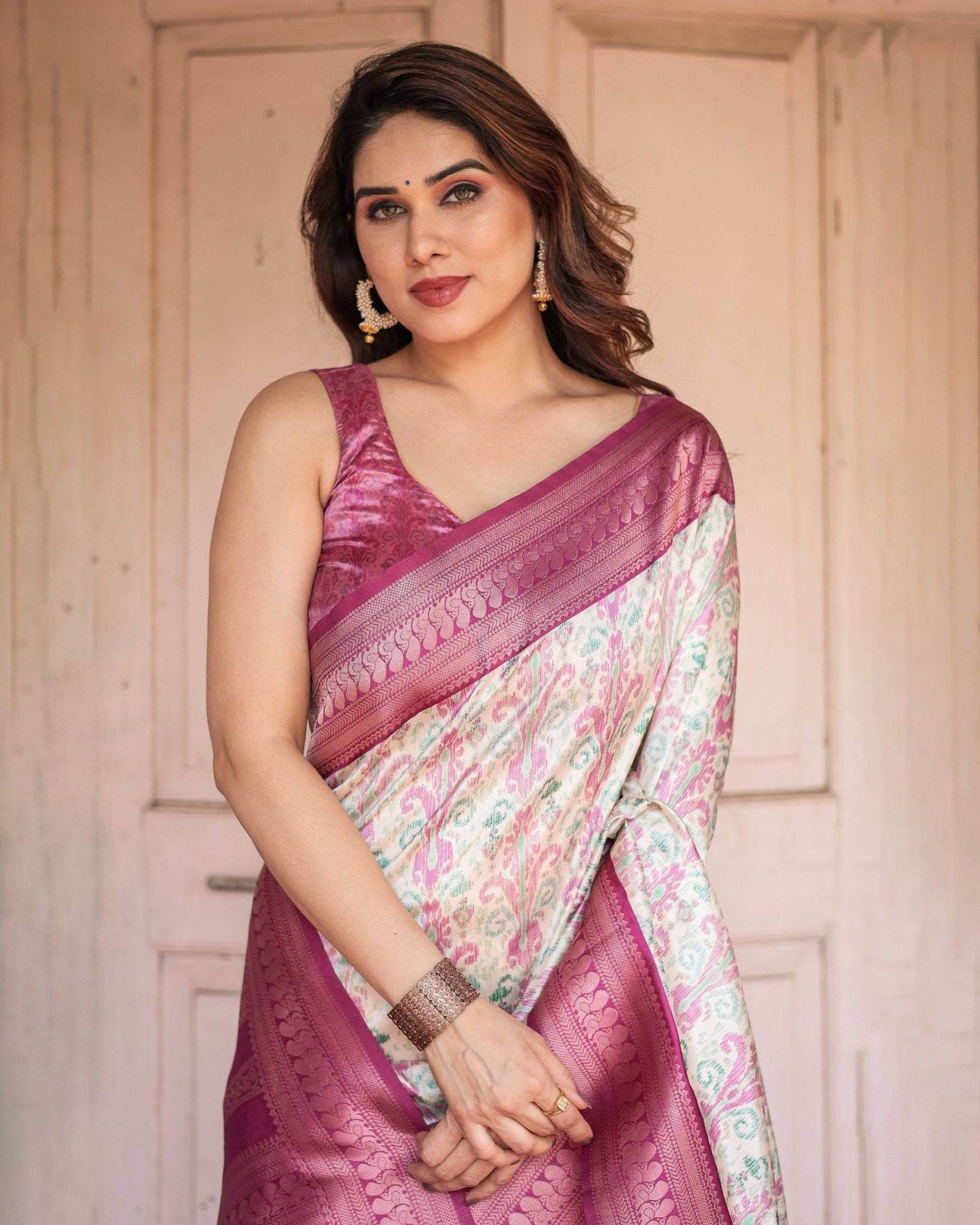 Off-White Banarasi Silk Saree with Pink Ikat Design and Zari Border - SEEANS