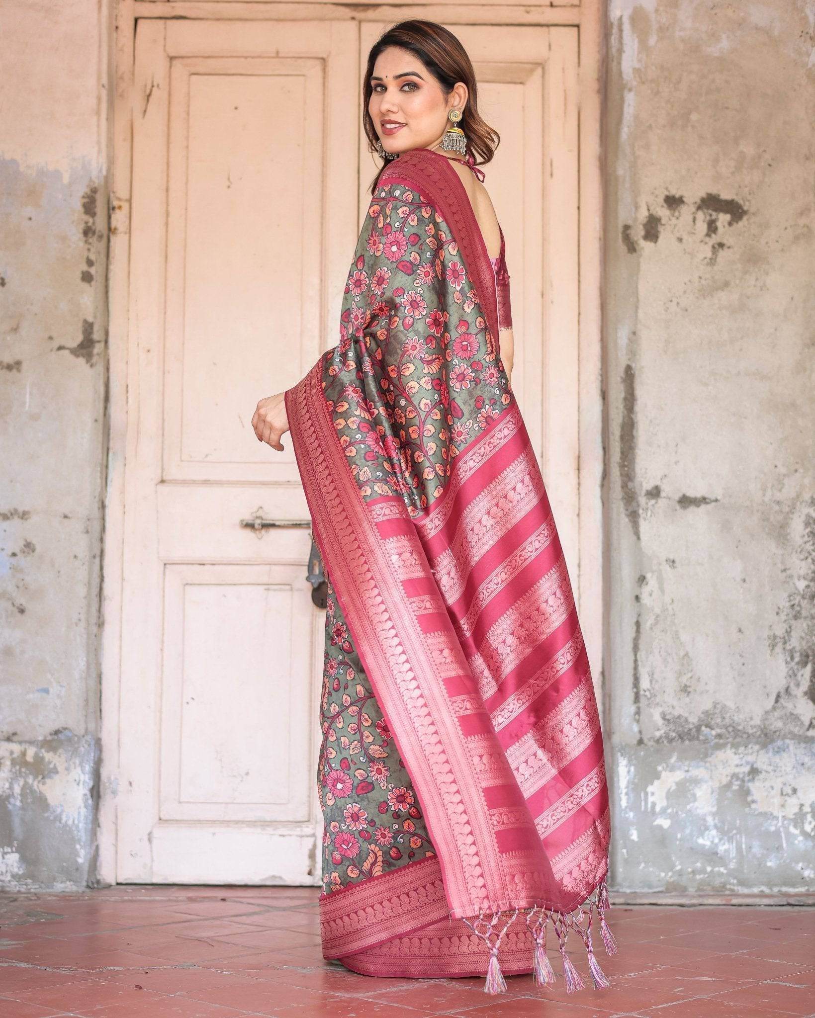 Luxurious Green Banarasi Silk Saree with Zari Border and Tassels - SEEANS