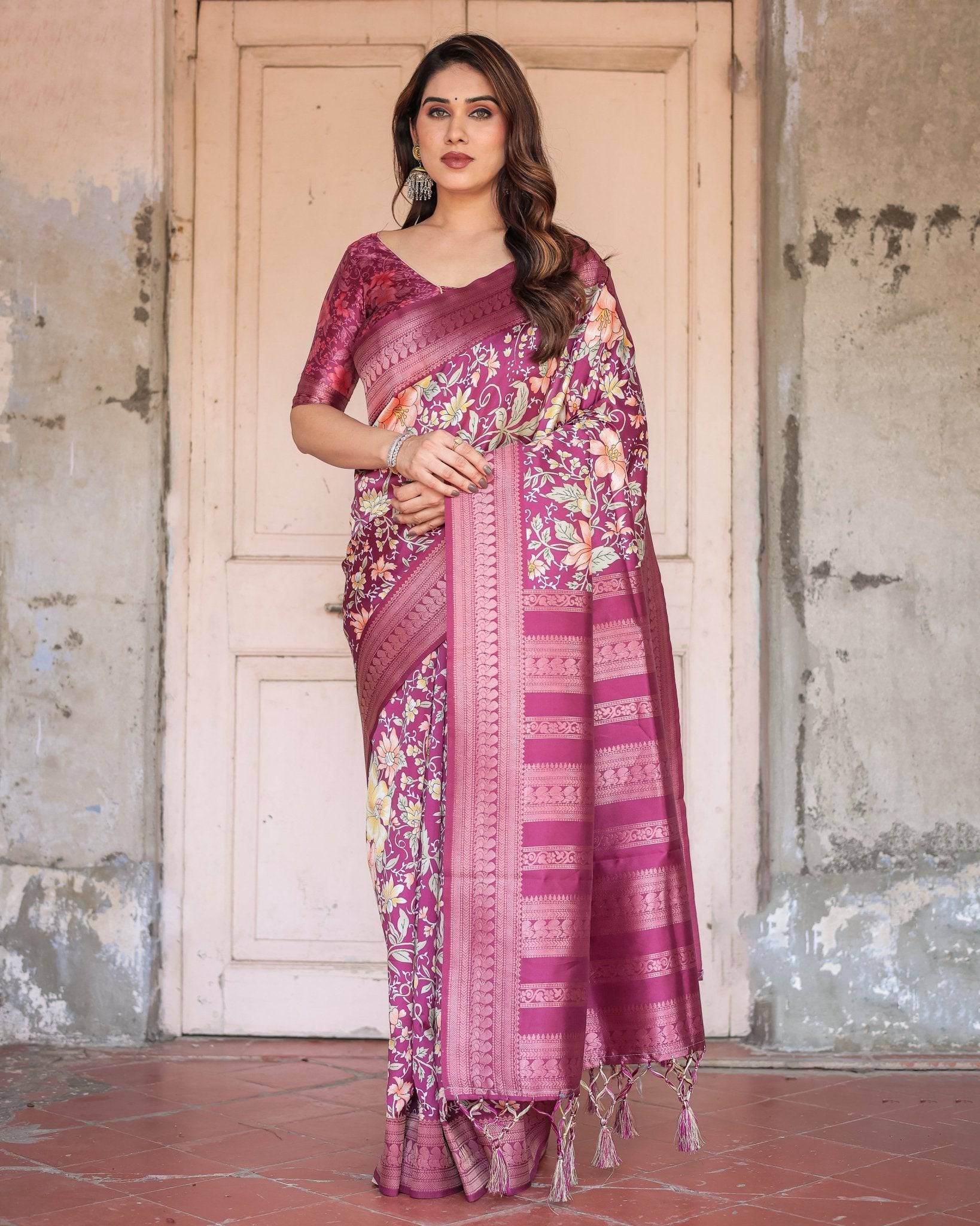 Wine and Rose Gold Floral Banarasi Silk Saree with Zari and Tassels - SEEANS