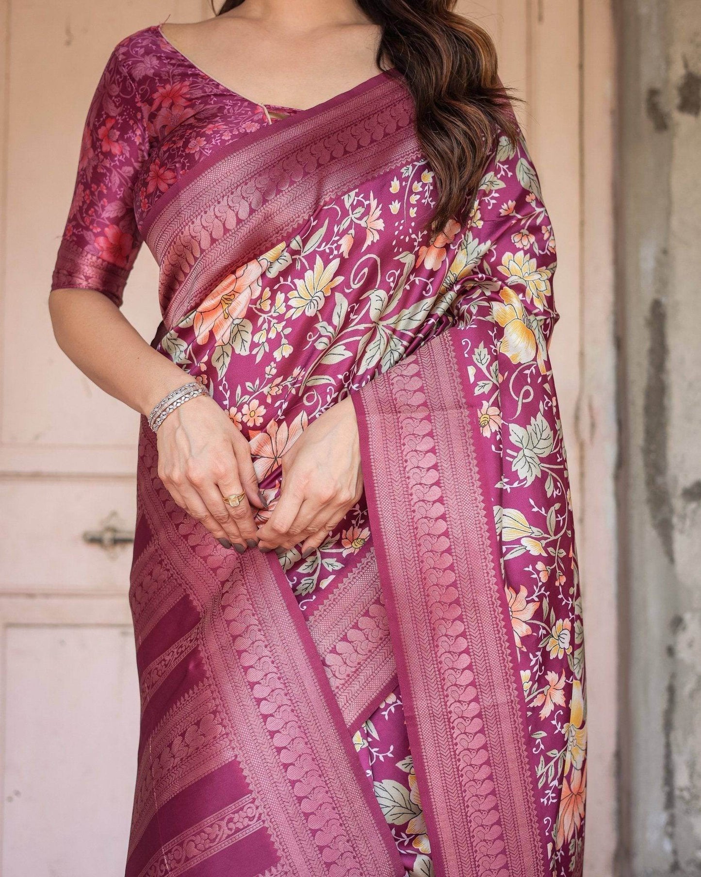 Wine and Rose Gold Floral Banarasi Silk Saree with Zari and Tassels - SEEANS