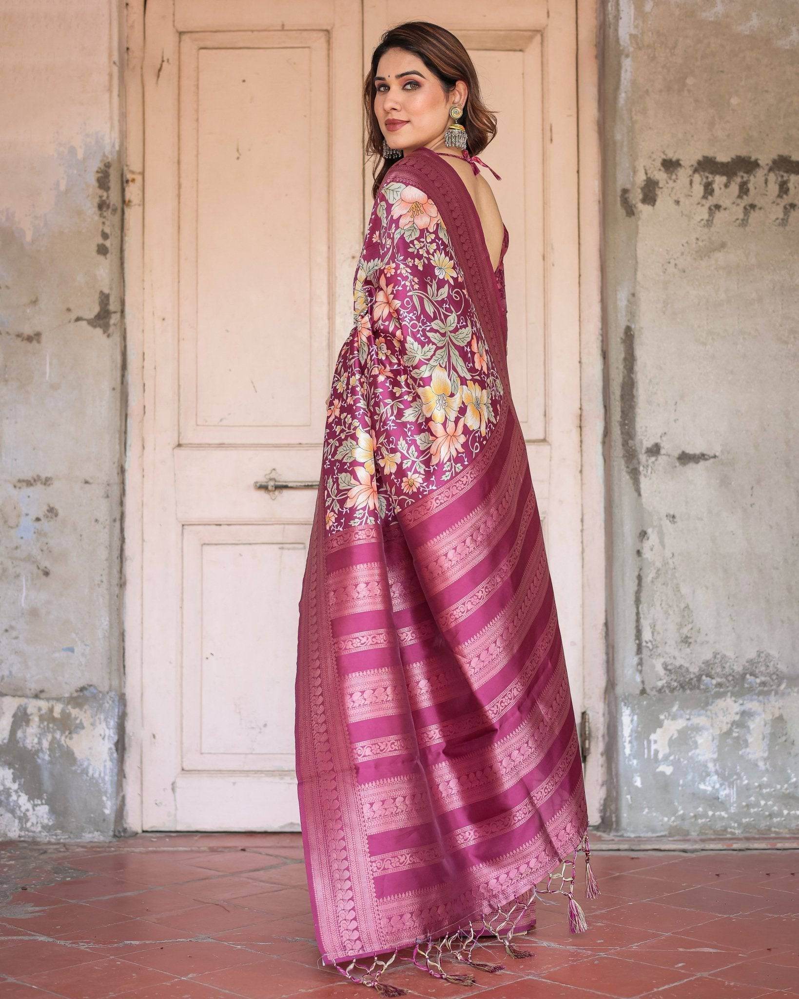 Wine and Rose Gold Floral Banarasi Silk Saree with Zari and Tassels - SEEANS