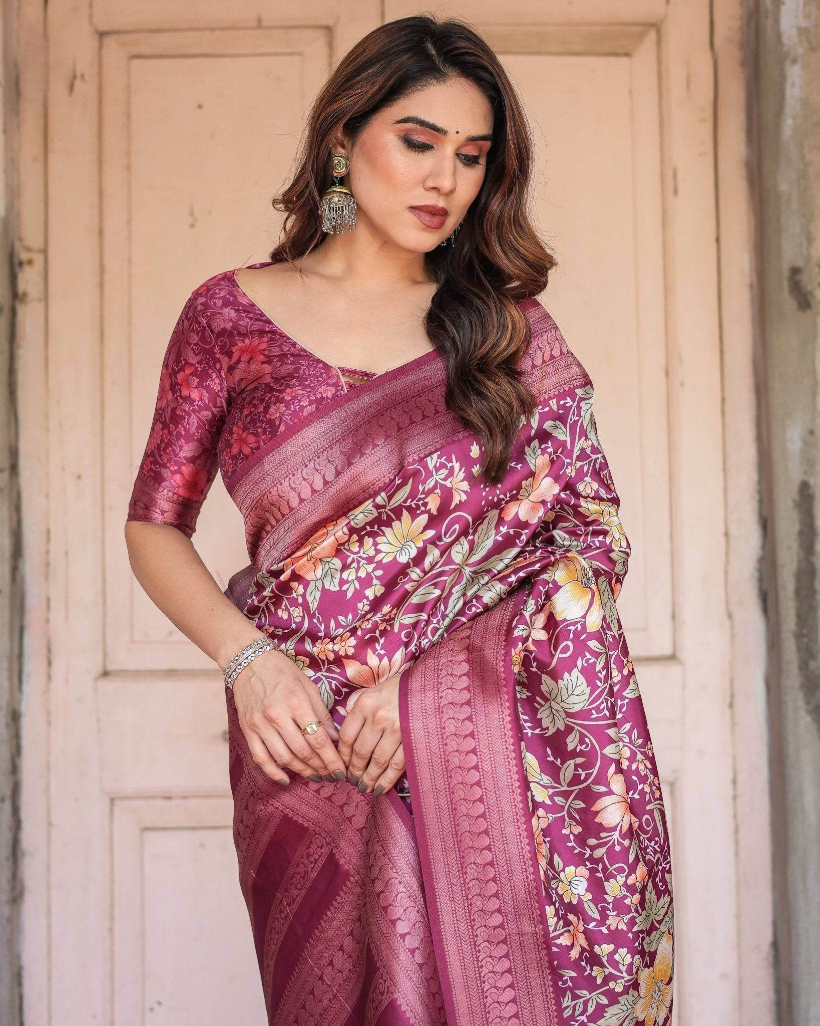 Wine and Rose Gold Floral Banarasi Silk Saree with Zari and Tassels - SEEANS