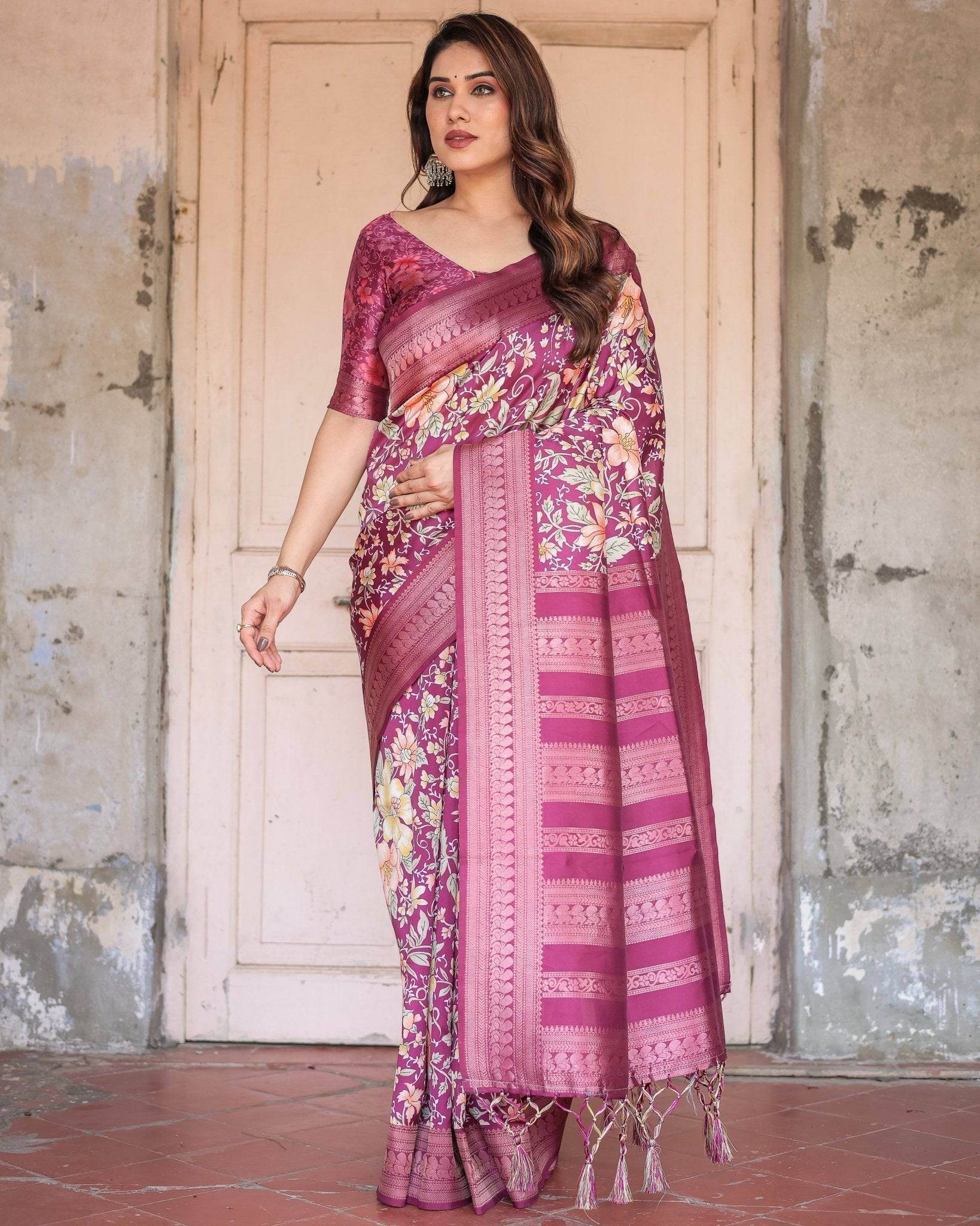 Wine and Rose Gold Floral Banarasi Silk Saree with Zari and Tassels - SEEANS