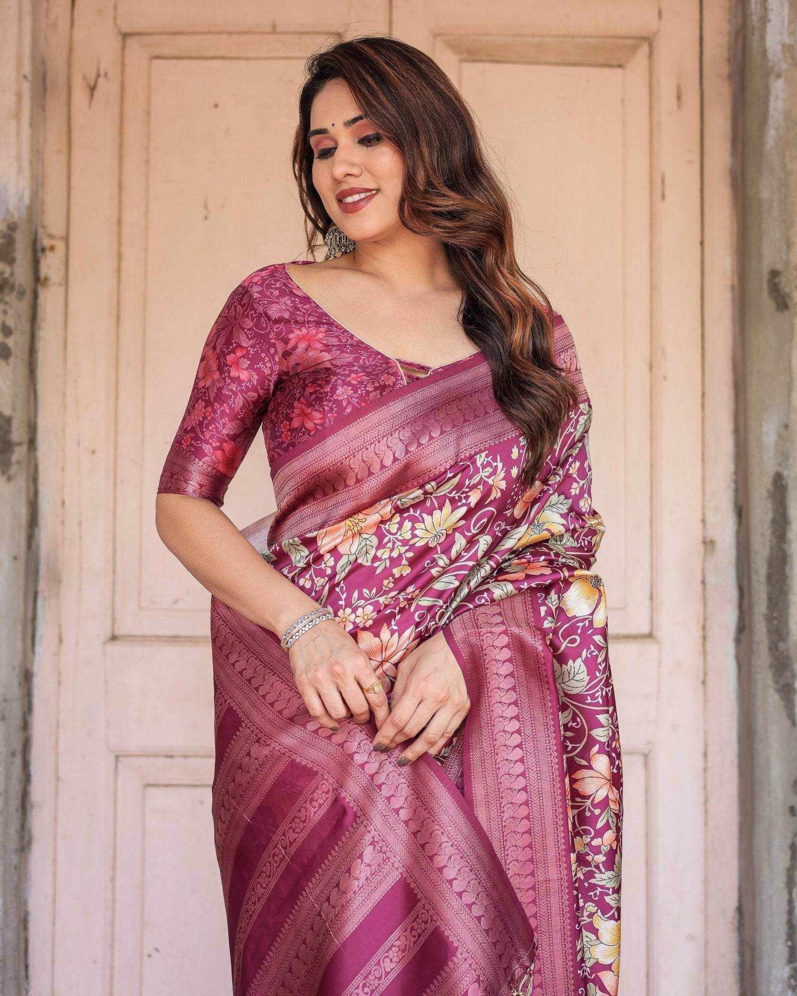 Wine and Rose Gold Floral Banarasi Silk Saree with Zari and Tassels - SEEANS