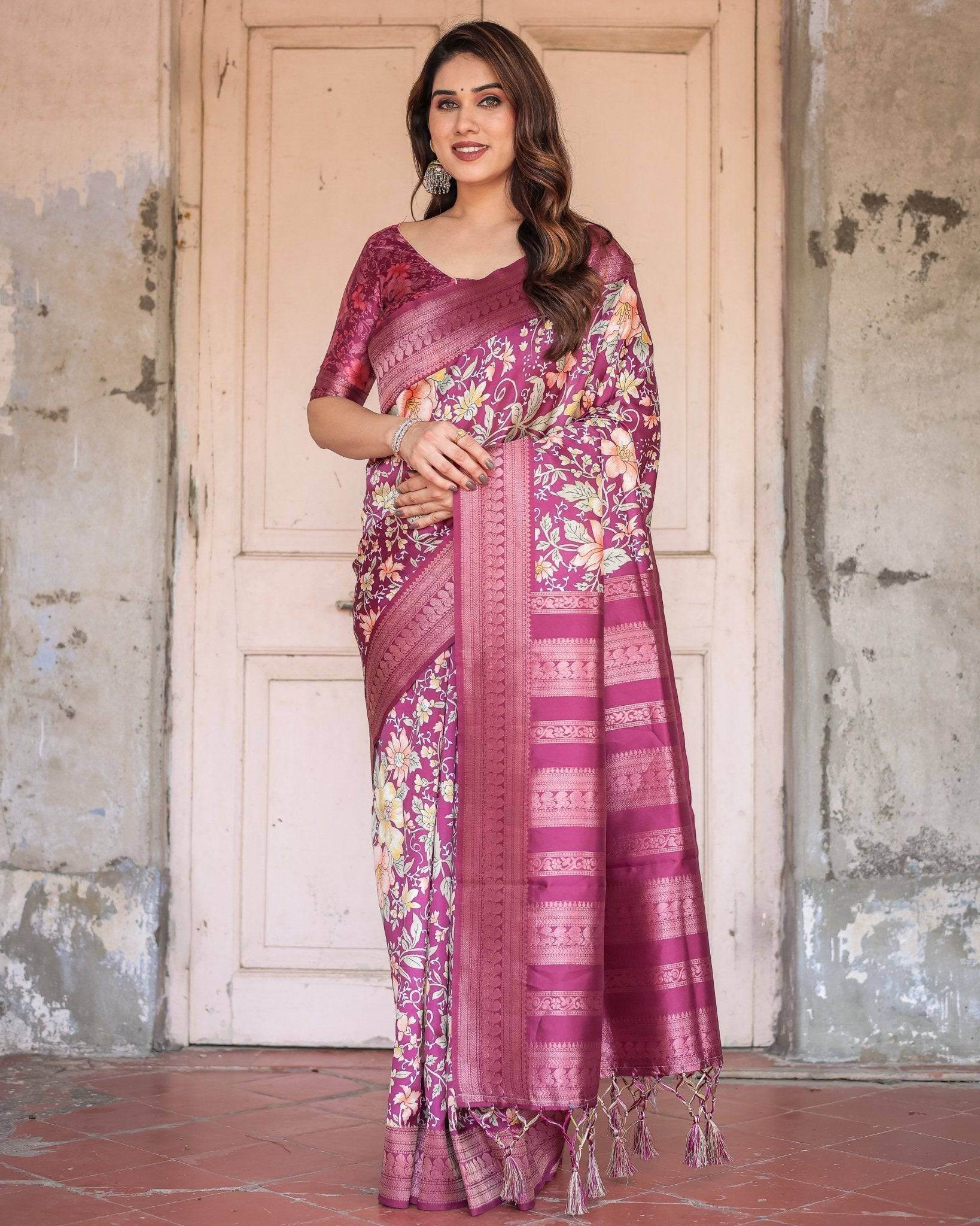 Wine and Rose Gold Floral Banarasi Silk Saree with Zari and Tassels - SEEANS