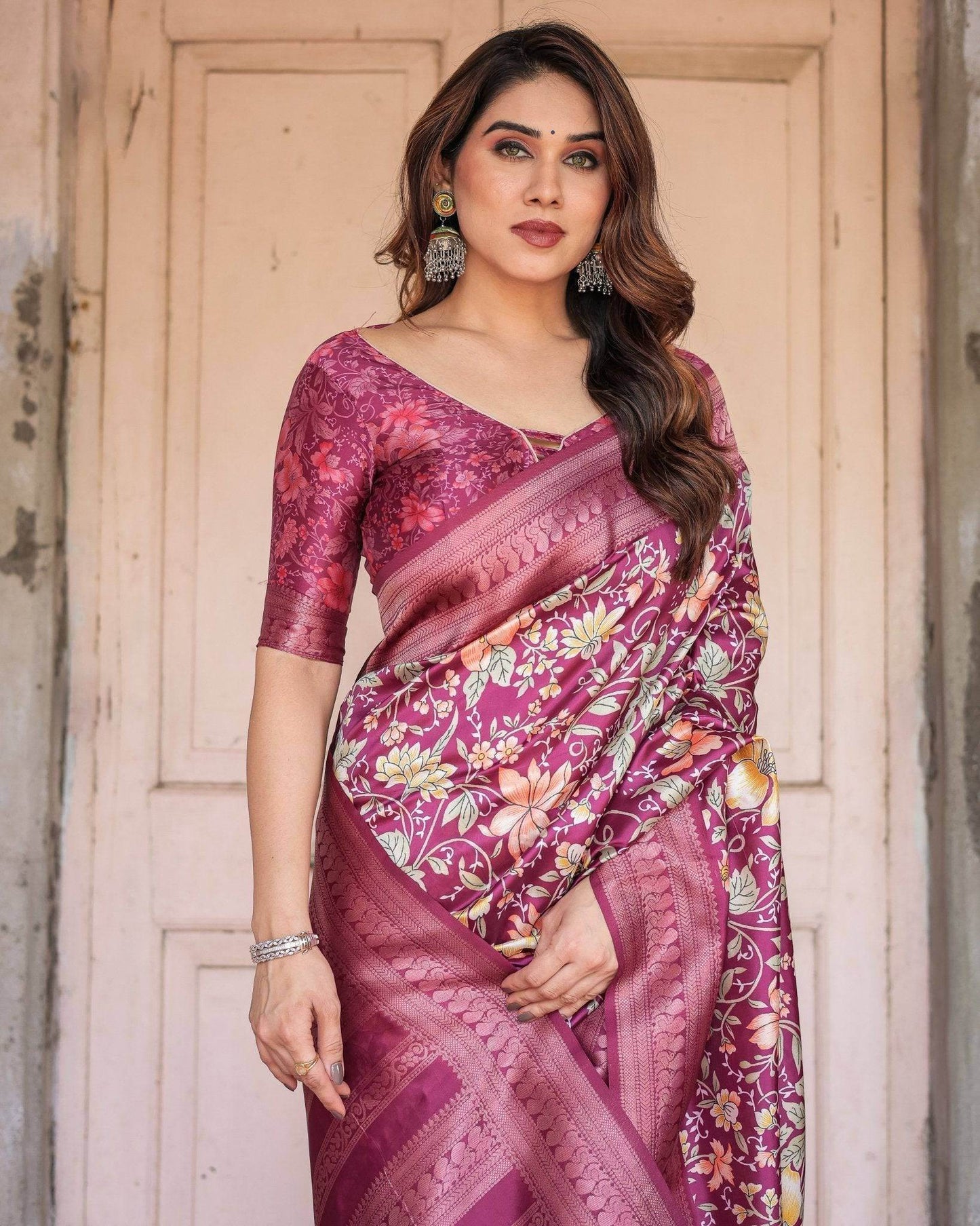 Wine and Rose Gold Floral Banarasi Silk Saree with Zari and Tassels - SEEANS