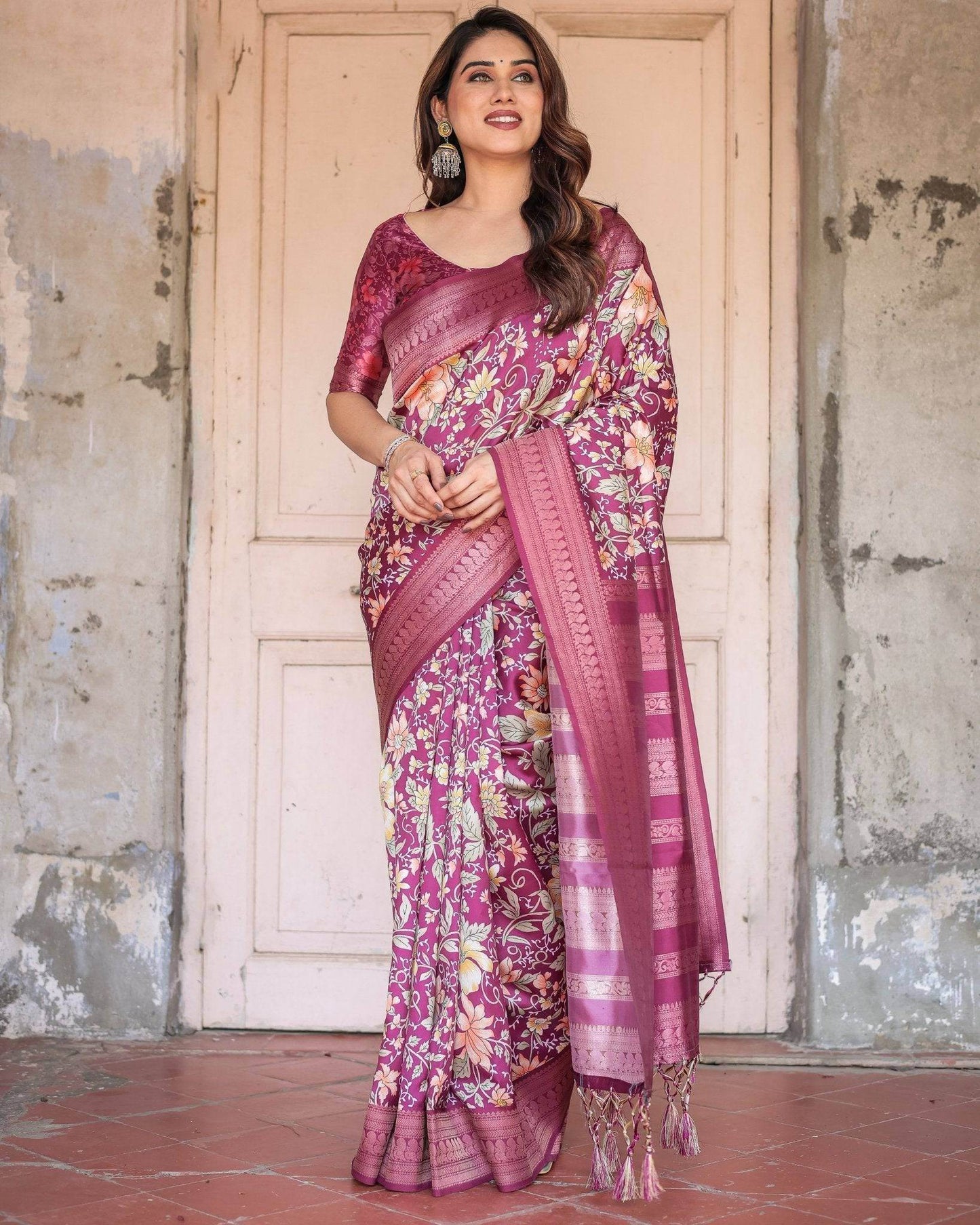 Wine and Rose Gold Floral Banarasi Silk Saree with Zari and Tassels - SEEANS