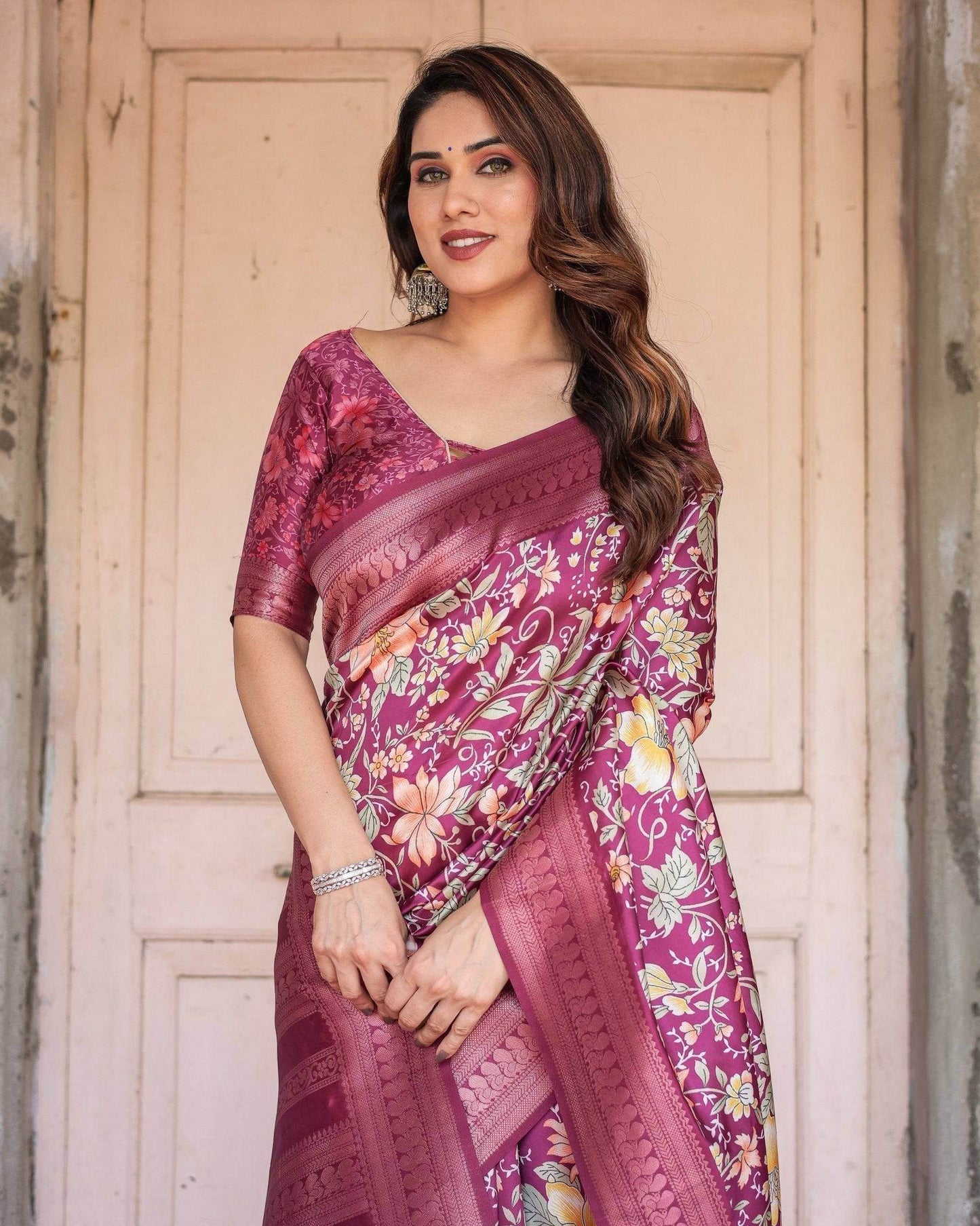 Wine and Rose Gold Floral Banarasi Silk Saree with Zari and Tassels - SEEANS