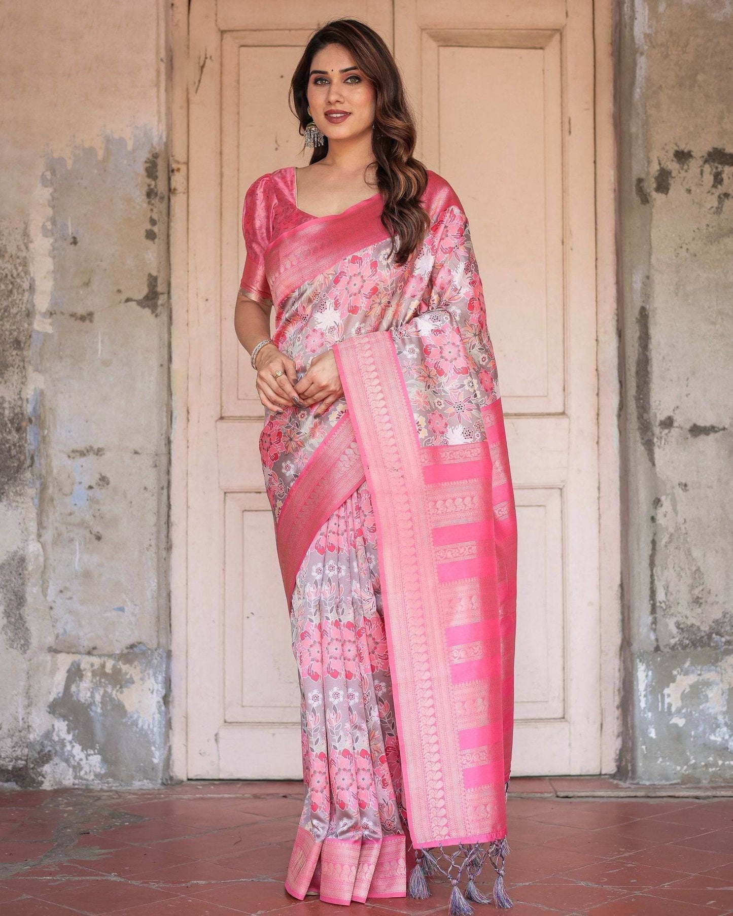 Exquisite Pink and Silver Banarasi Silk Floral Saree with Tassels - SEEANS