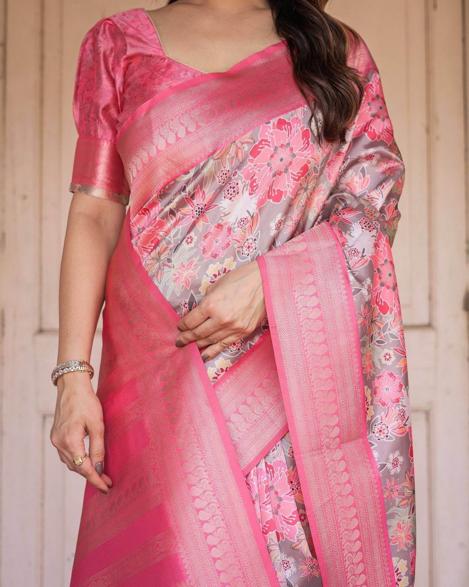 Exquisite Pink and Silver Banarasi Silk Floral Saree with Tassels - SEEANS