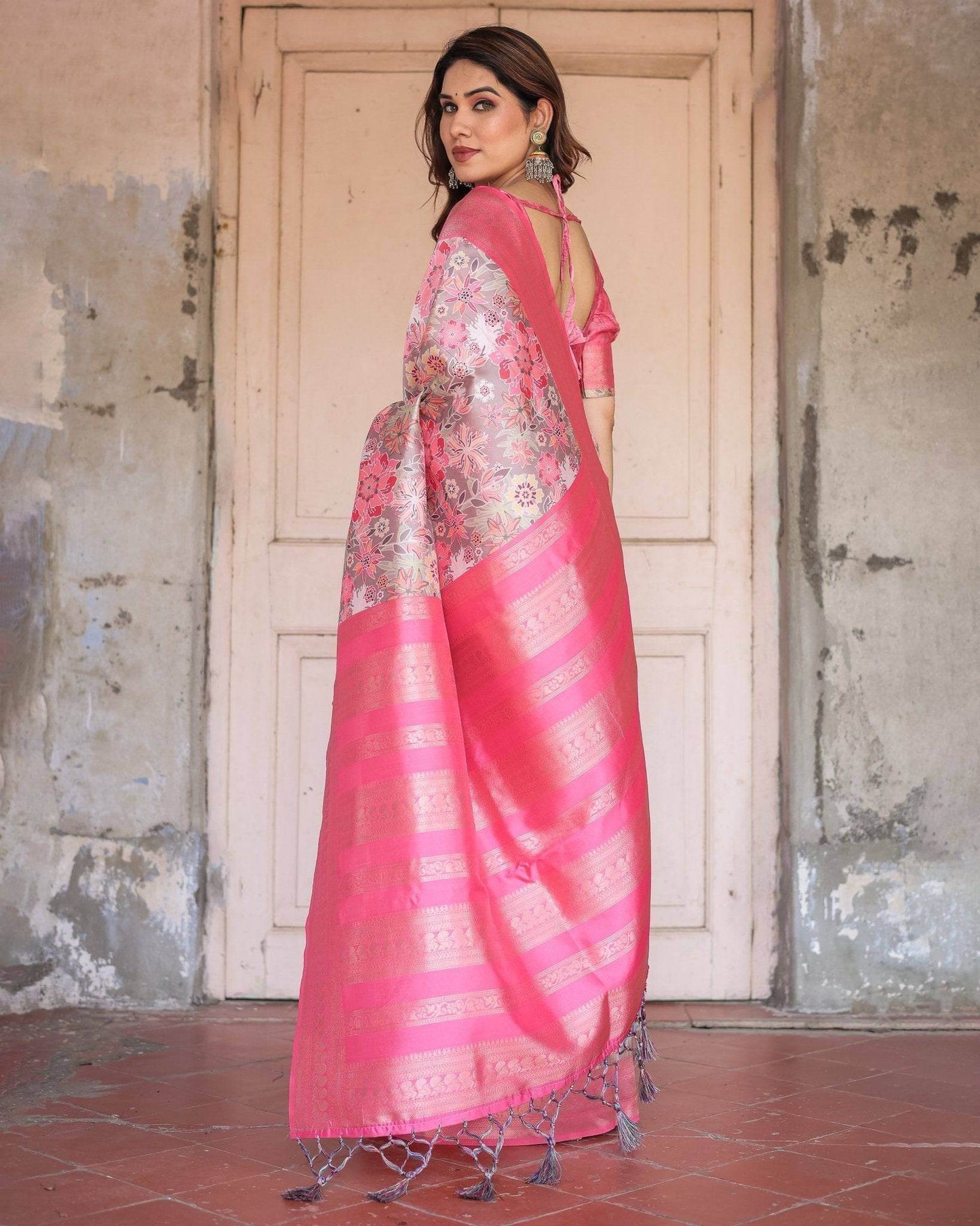 Exquisite Pink and Silver Banarasi Silk Floral Saree with Tassels - SEEANS