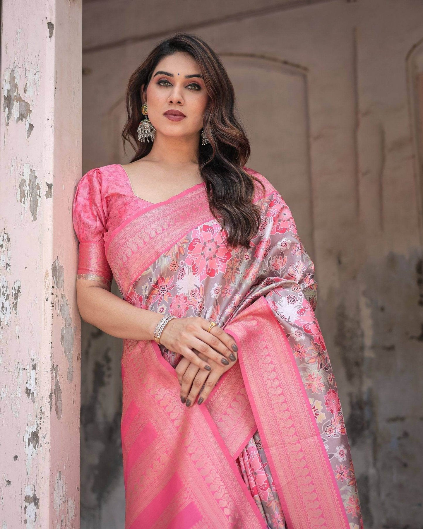 Exquisite Pink and Silver Banarasi Silk Floral Saree with Tassels - SEEANS