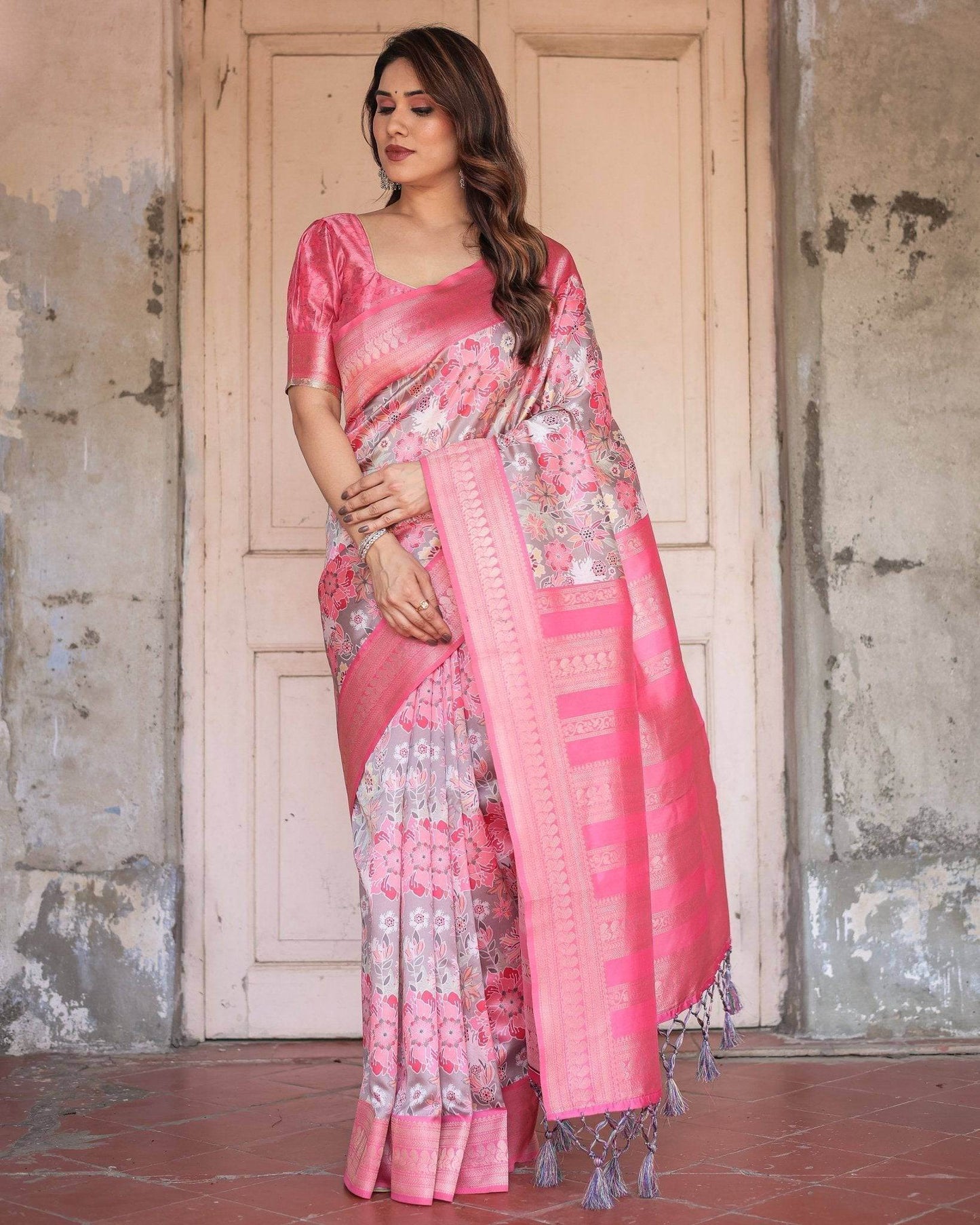 Exquisite Pink and Silver Banarasi Silk Floral Saree with Tassels - SEEANS