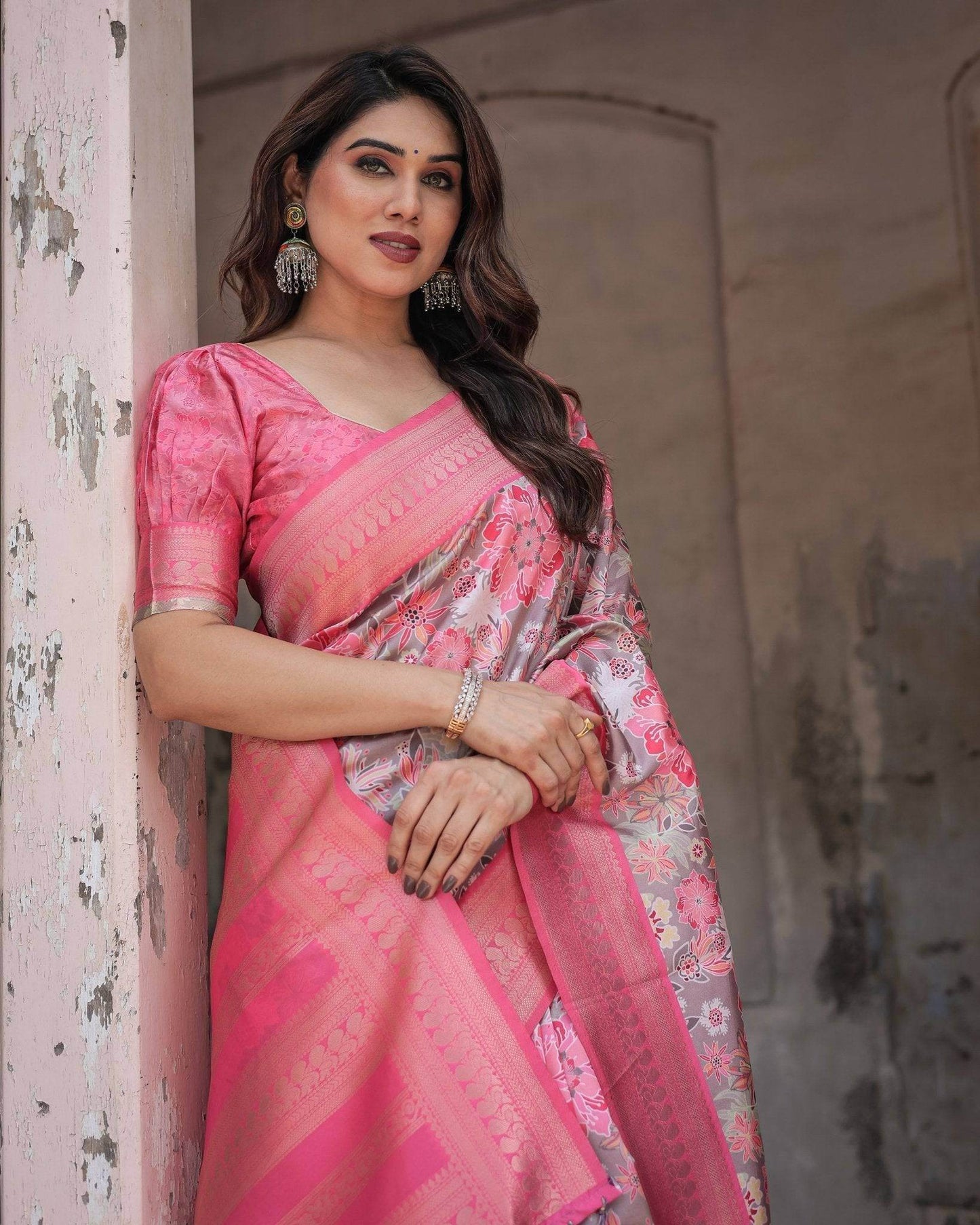 Exquisite Pink and Silver Banarasi Silk Floral Saree with Tassels - SEEANS