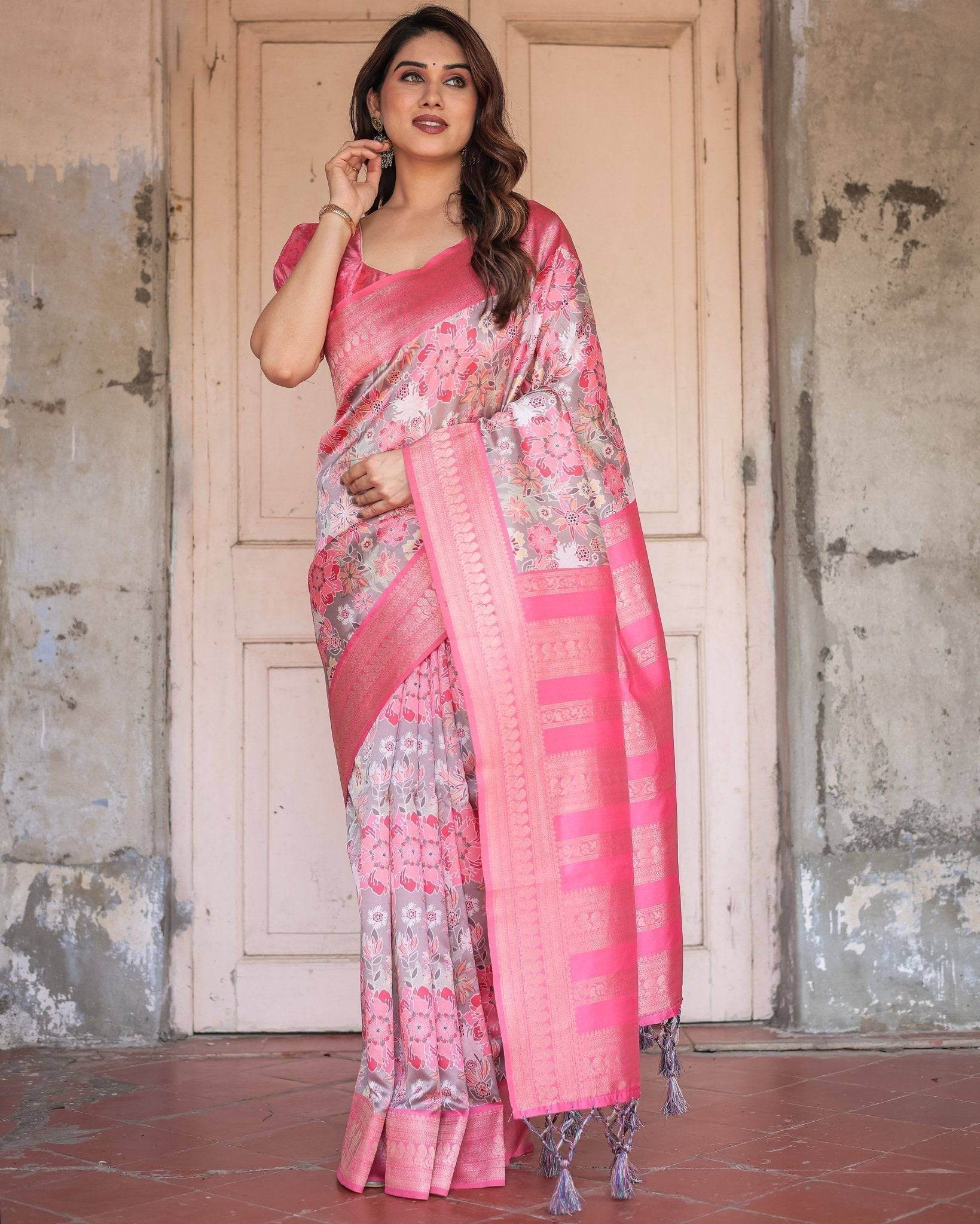 Exquisite Pink and Silver Banarasi Silk Floral Saree with Tassels - SEEANS