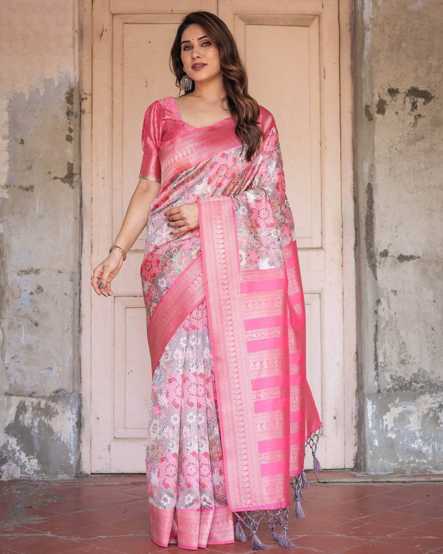 Exquisite Pink and Silver Banarasi Silk Floral Saree with Tassels - SEEANS