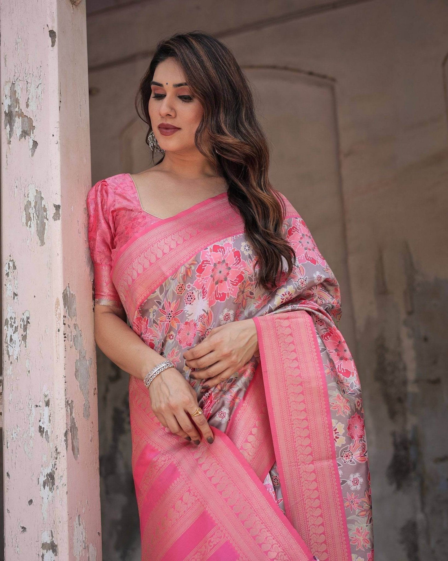 Exquisite Pink and Silver Banarasi Silk Floral Saree with Tassels - SEEANS