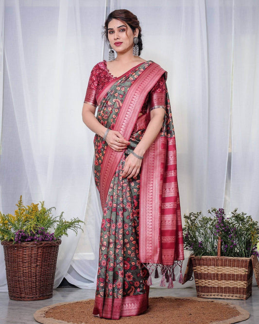 Elegant Banarasi Silk Saree in Deep Green with Floral Zari and Tassels - SEEANS