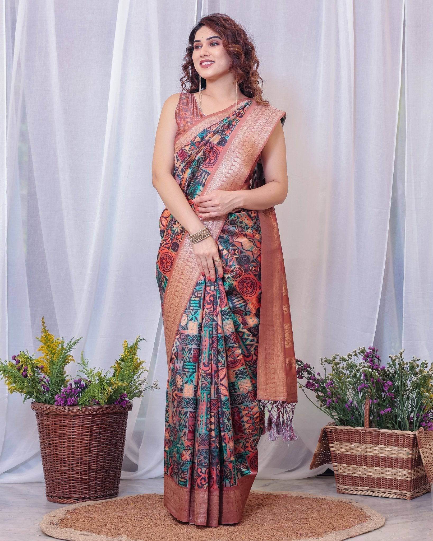 Geometric Elegance: Multicolored Digital Print Pure Silk Saree with Gold Borders - SEEANS