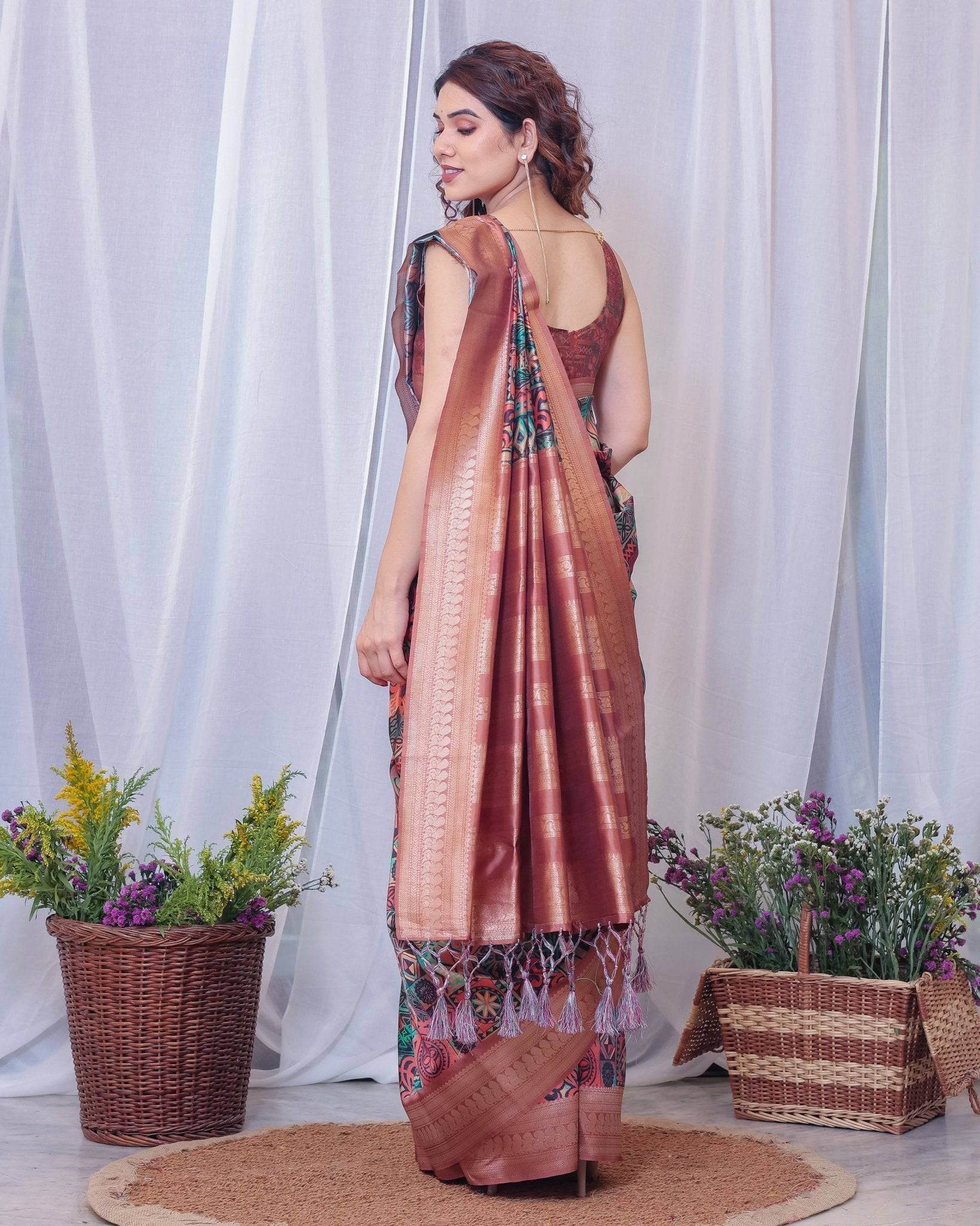 Geometric Elegance: Multicolored Digital Print Pure Silk Saree with Gold Borders - SEEANS