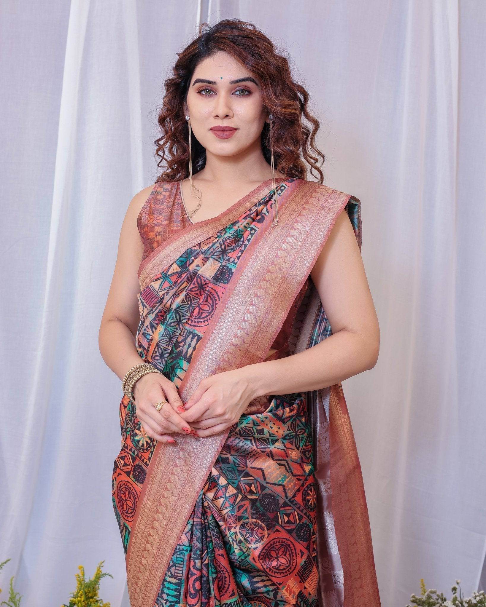 Geometric Elegance: Multicolored Digital Print Pure Silk Saree with Gold Borders - SEEANS