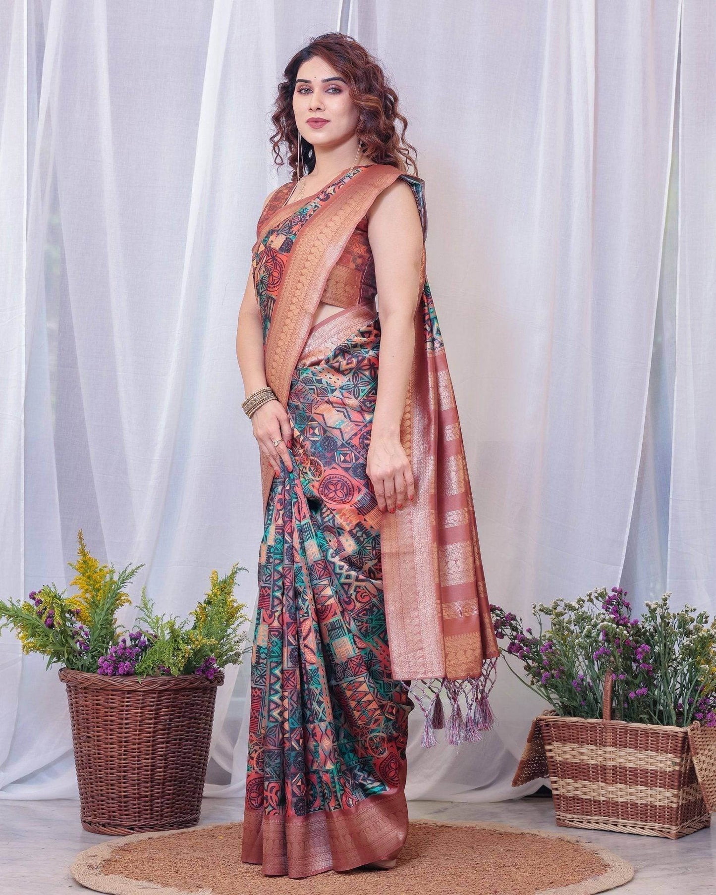 Geometric Elegance: Multicolored Digital Print Pure Silk Saree with Gold Borders - SEEANS