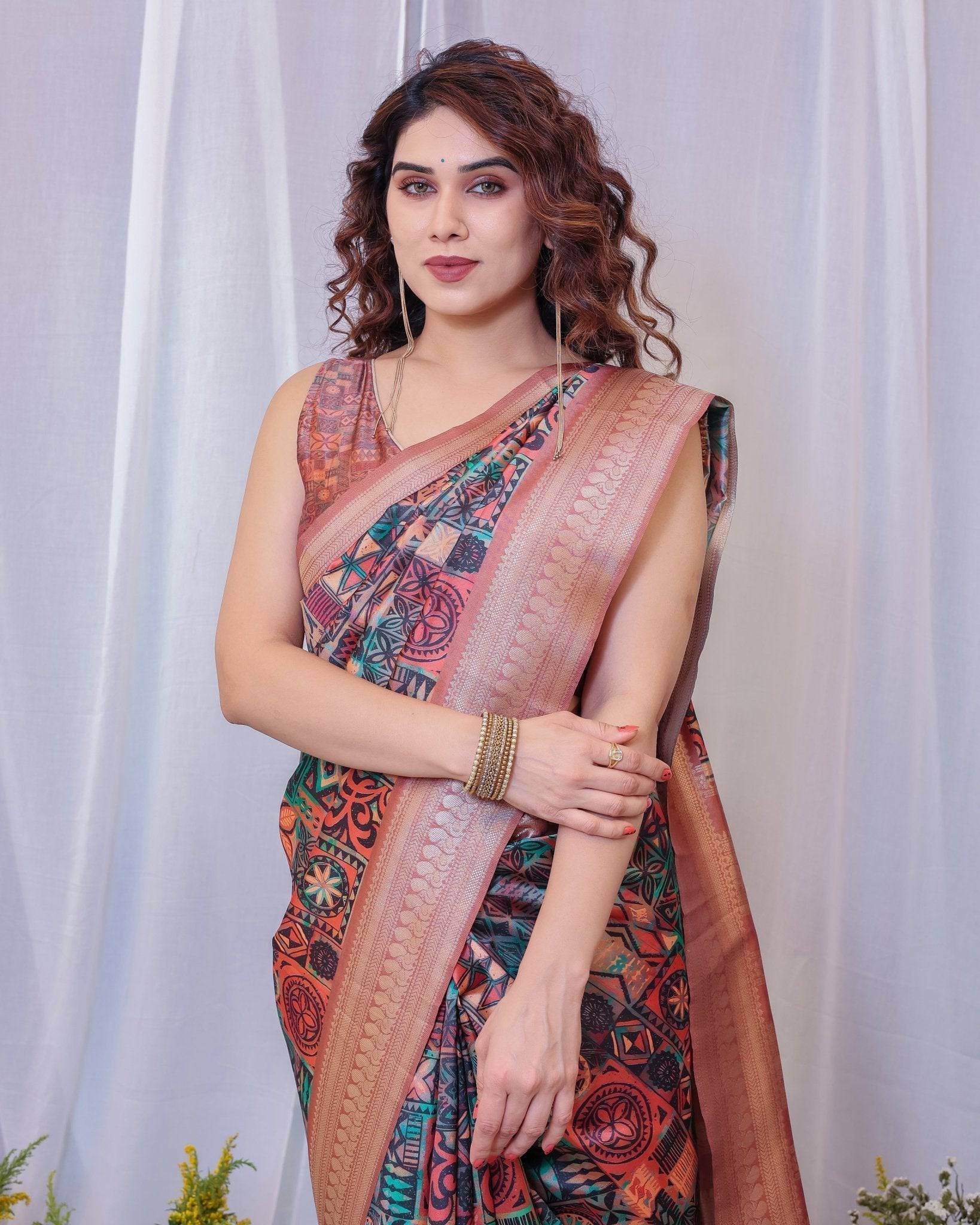 Geometric Elegance: Multicolored Digital Print Pure Silk Saree with Gold Borders - SEEANS