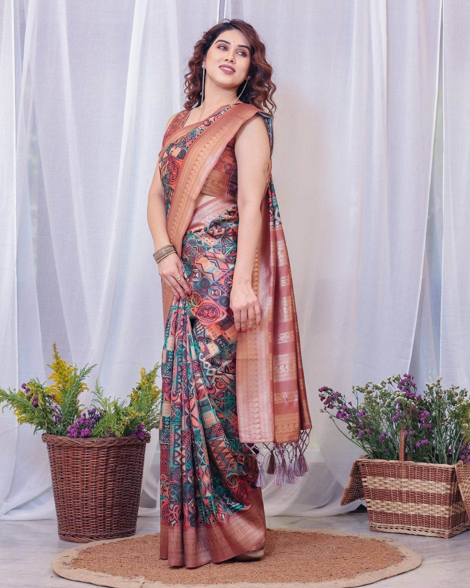 Geometric Elegance: Multicolored Digital Print Pure Silk Saree with Gold Borders - SEEANS