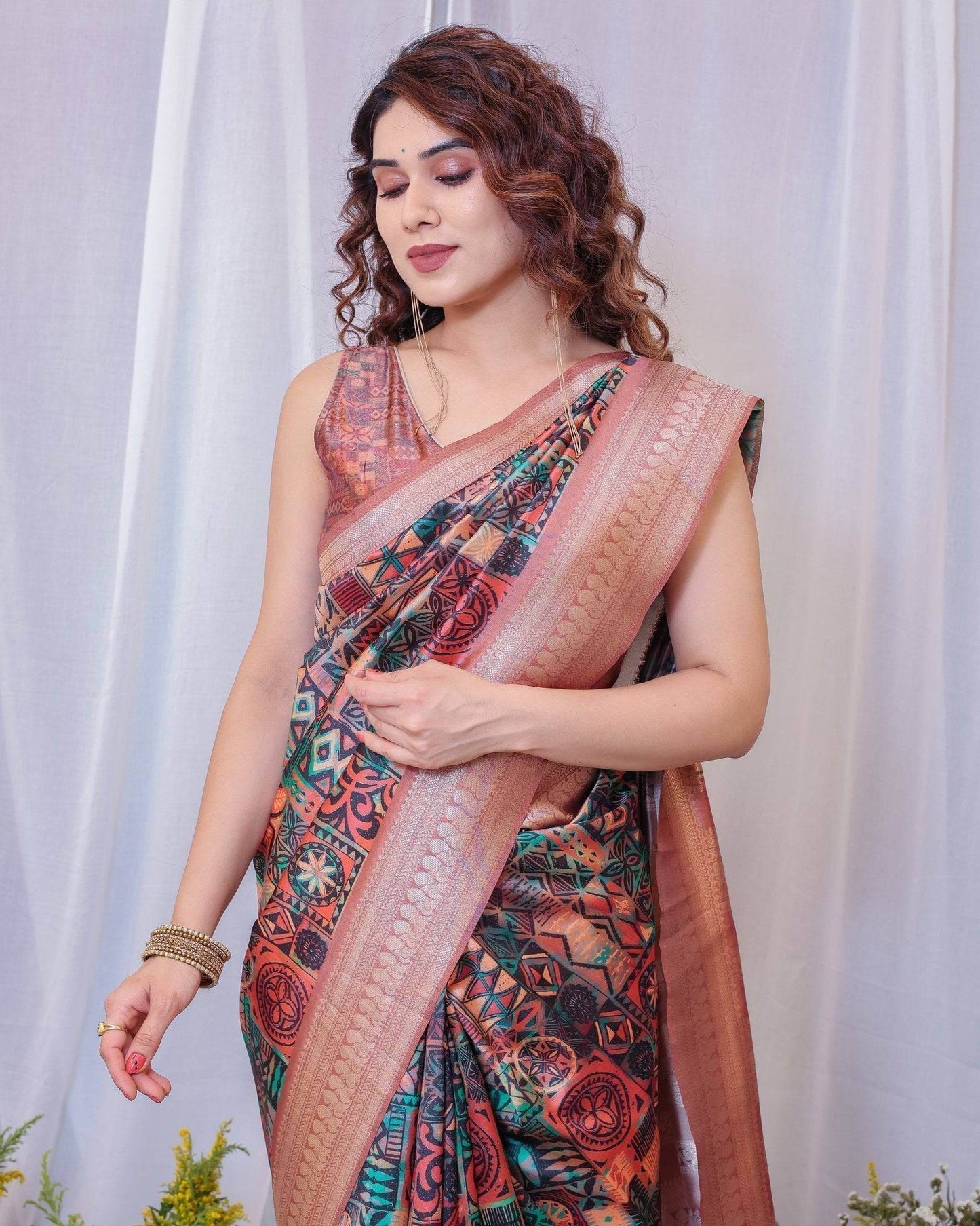 Geometric Elegance: Multicolored Digital Print Pure Silk Saree with Gold Borders - SEEANS