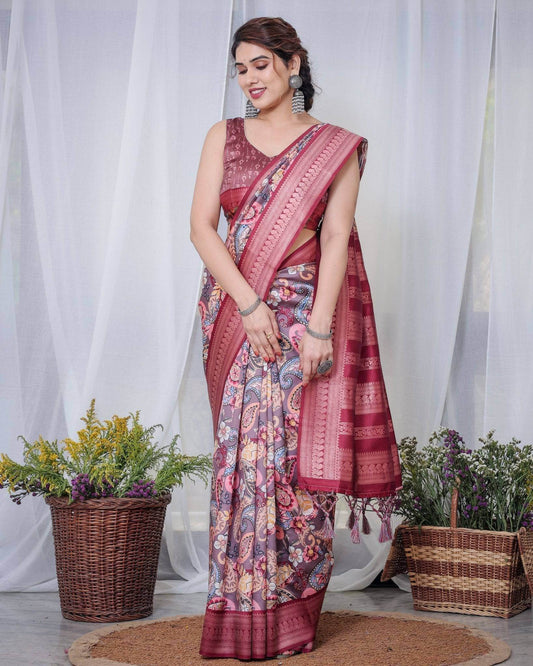 Luxurious Maroon Banarasi Silk Saree with Paisley Print and Tassels - SEEANS