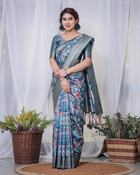 Enchanting Blue Banarasi Silk Saree with Multicolor Floral Weaves and Luxurious Zari Pallu with Tassels - SEEANS