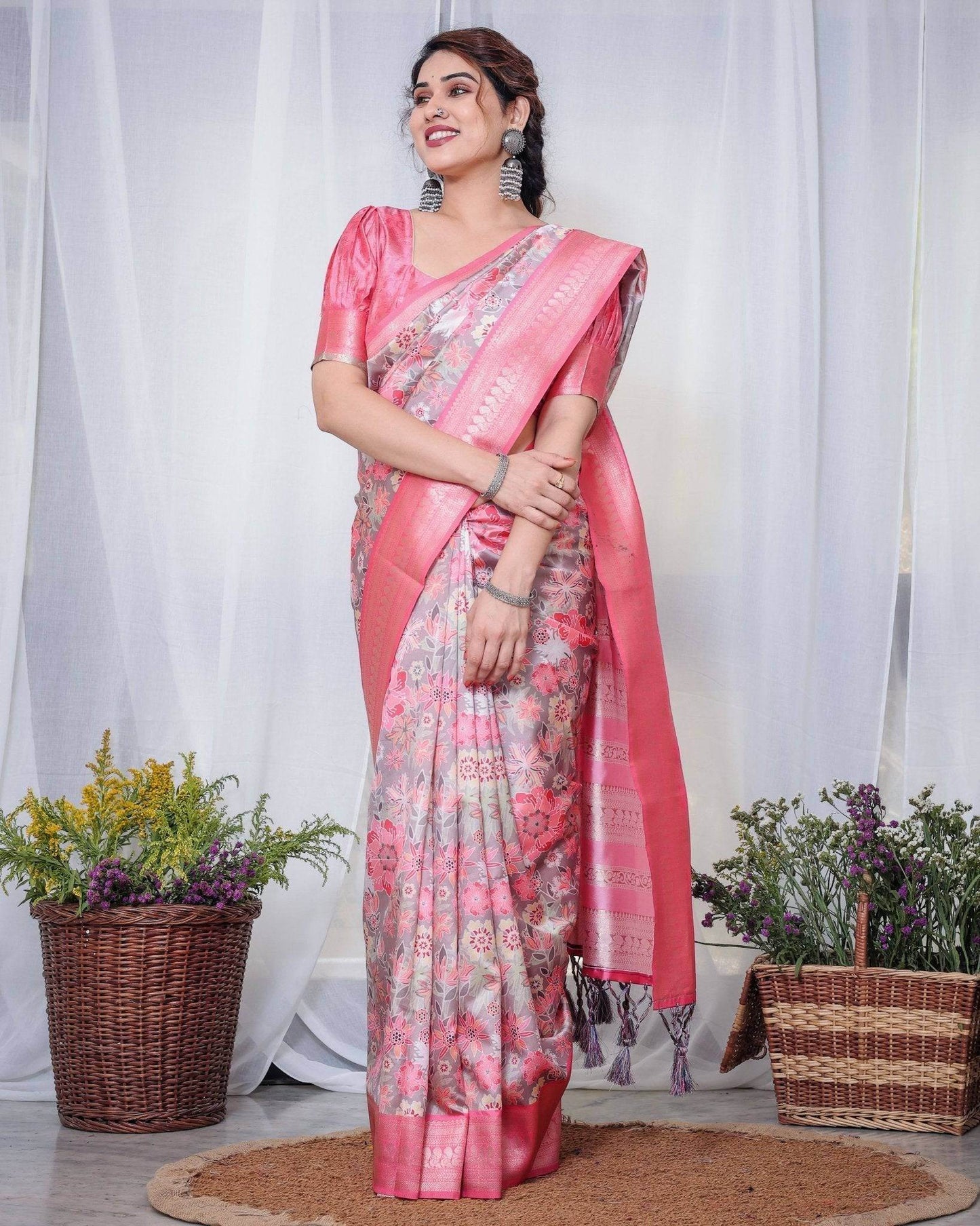 Graceful Pink and Silver Banarasi Silk Saree with Vibrant Floral Design, Zari Weaved Border, and Elegant Pallu - SEEANS