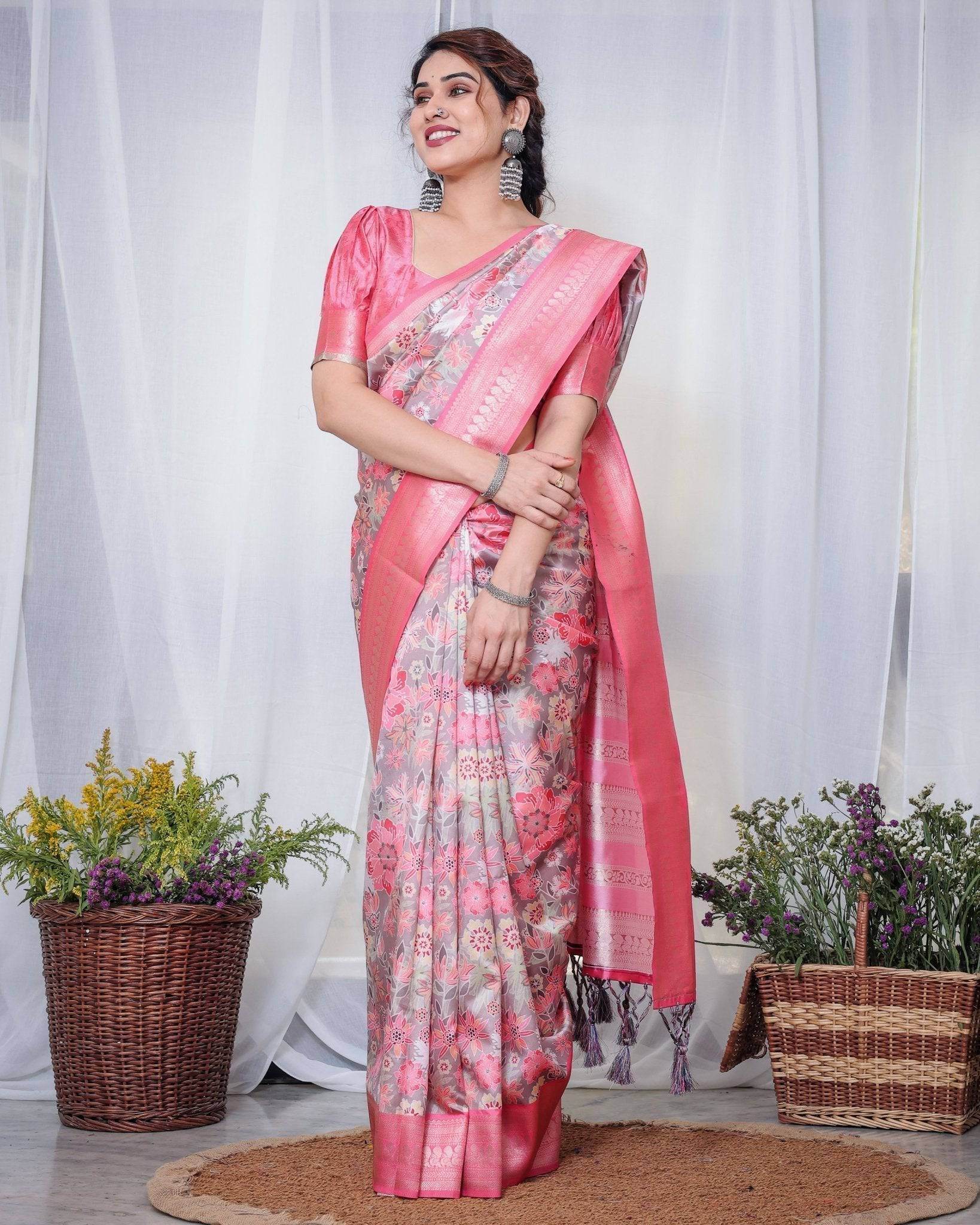 Graceful Pink and Silver Banarasi Silk Saree with Vibrant Floral Design, Zari Weaved Border, and Elegant Pallu - SEEANS