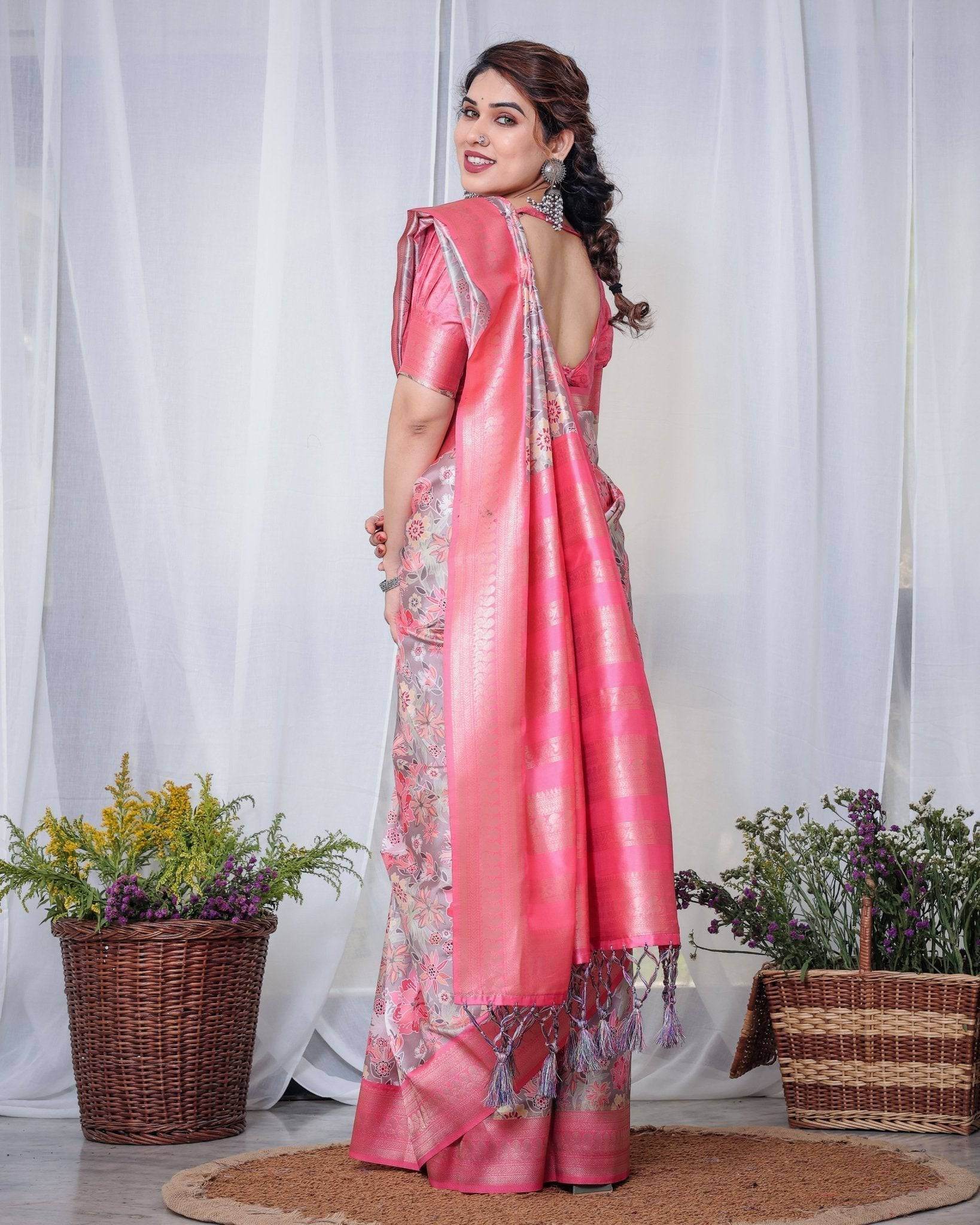 Graceful Pink and Silver Banarasi Silk Saree with Vibrant Floral Design, Zari Weaved Border, and Elegant Pallu - SEEANS